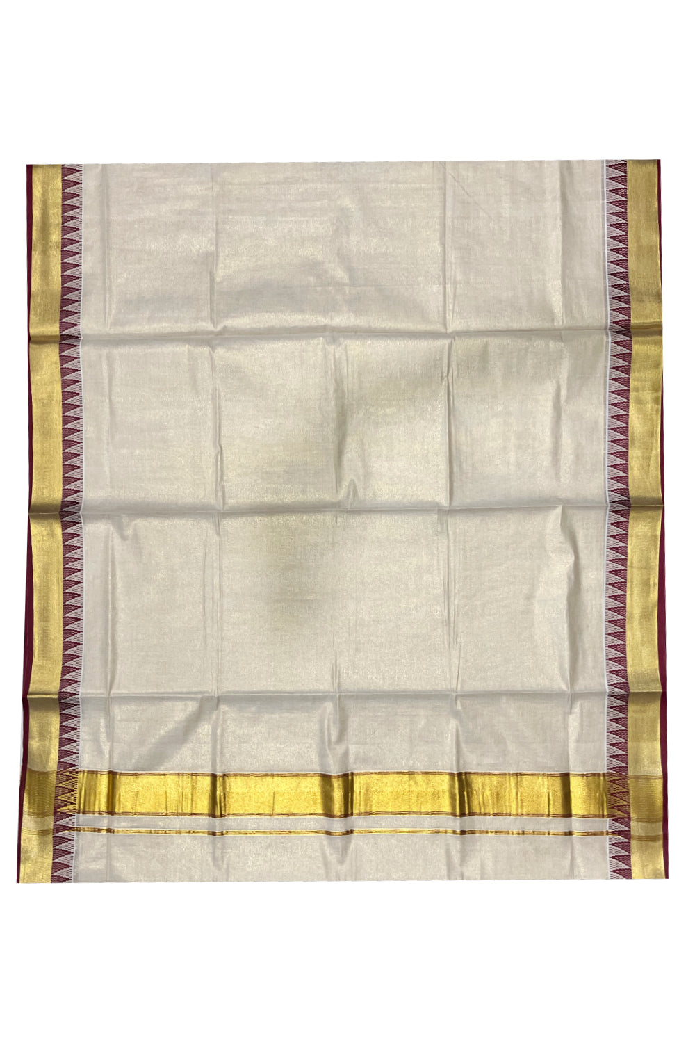 Kerala Tissue Saree with Kasavu and Maroon Temple Woven Designs on Border (Vishu 2024 Collection)