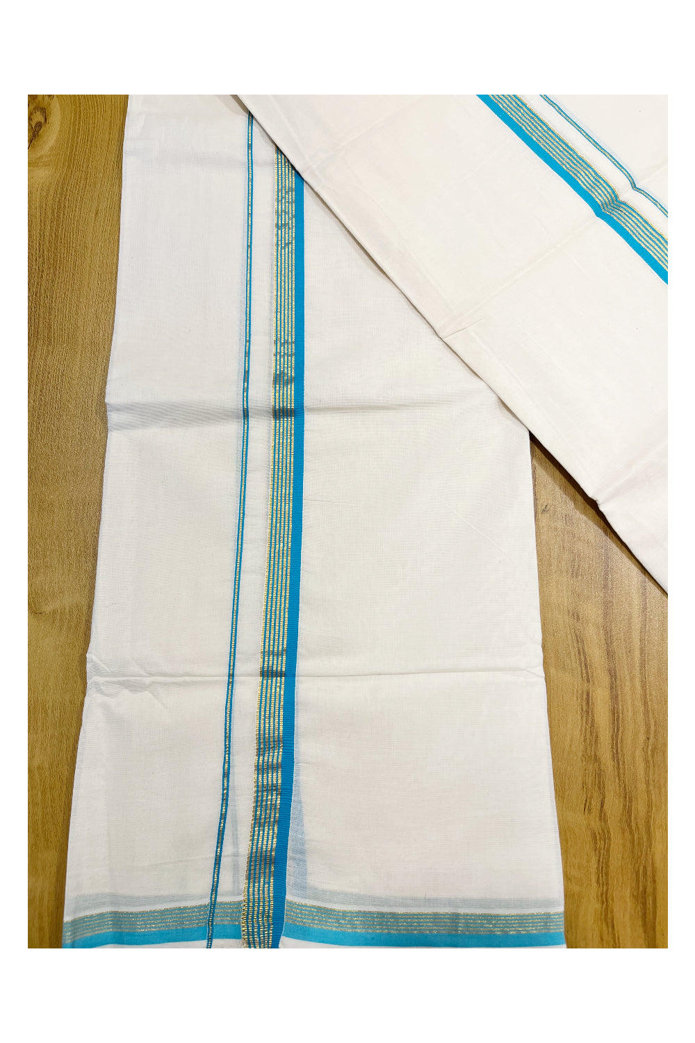 Kerala Pure Cotton Set Mundu Single (Mundum Neriyathum) with Blue and Kasavu Border 2.80 Mtrs