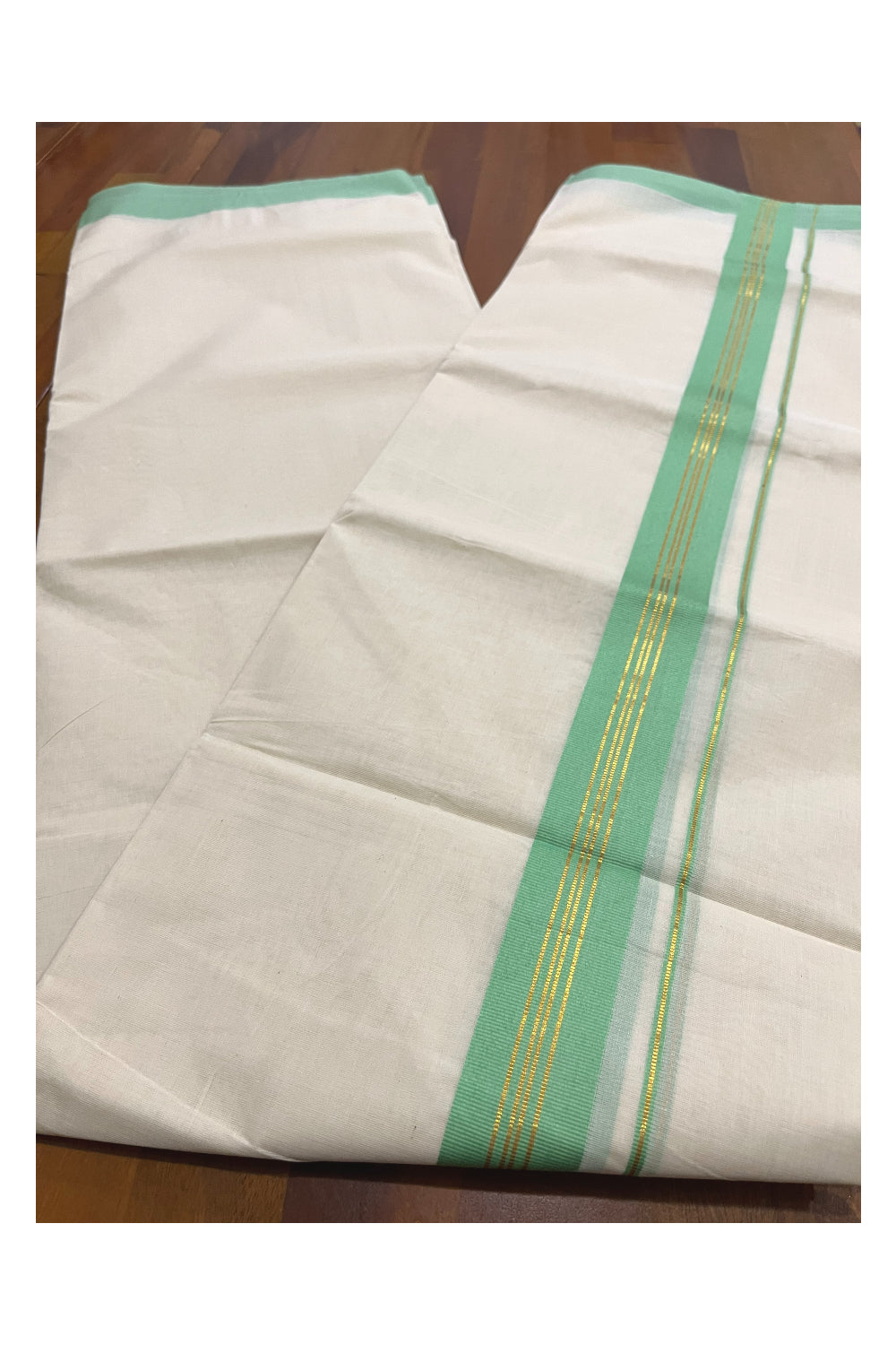 Pure Cotton 100x100 Double Mundu with Kasavu and Light Green Kara (Onam Mundu 2023)