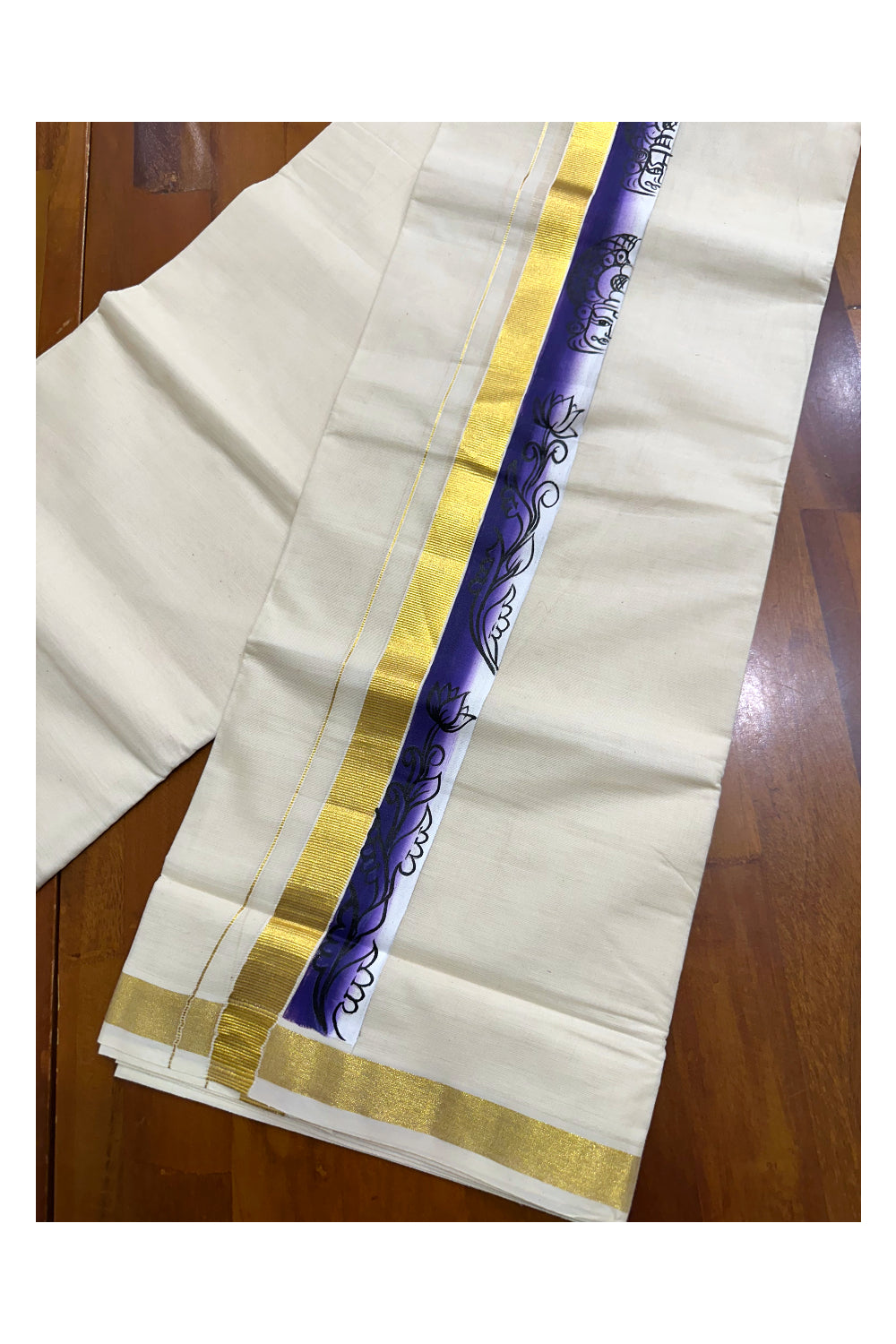 Kerala Pure Cotton Double Mundu with Hand Painted Designs on Kasavu Border(South Indian Kerala Dhoti)