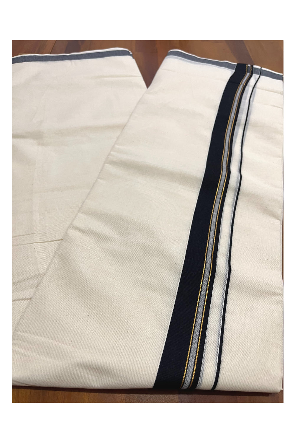 Pure Cotton Kerala Double Mundu with Black and Kasavu Line Kara (South Indian Kerala Dhoti)