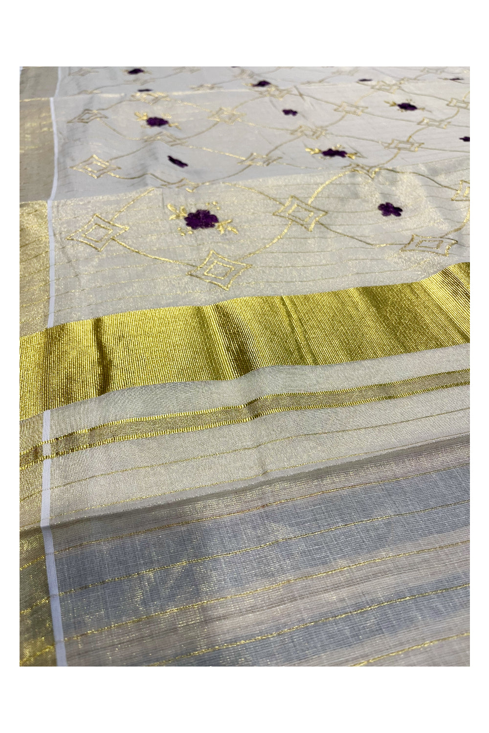 Kerala Tissue Kasavu Stripes Saree with Violet Floral Embroidery Design on Body