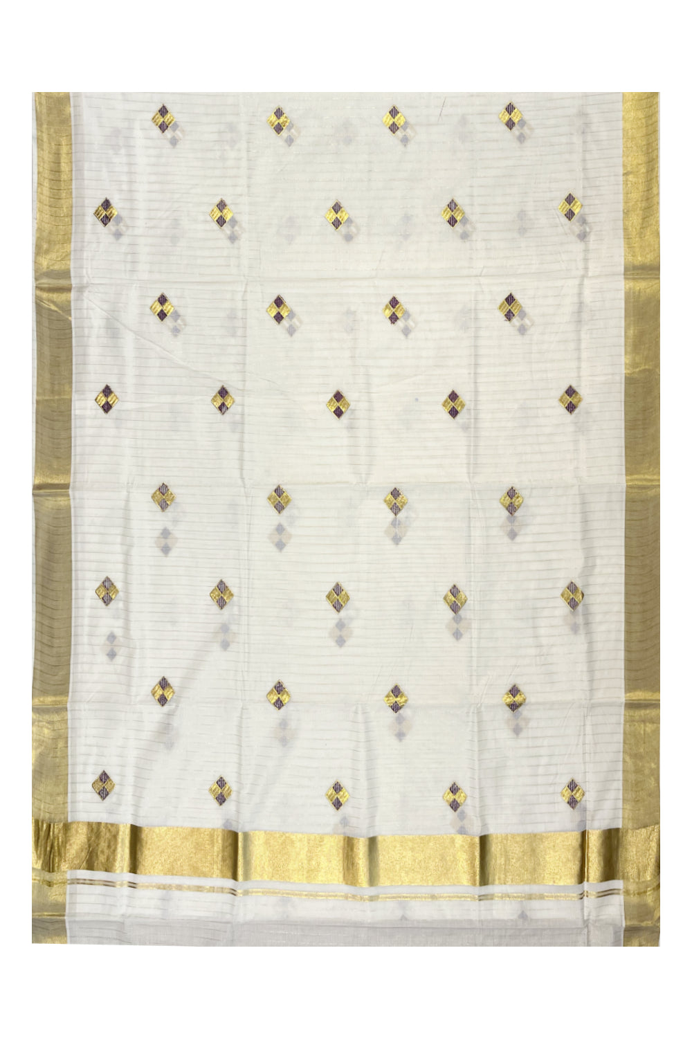 Kerala Cotton Kasavu Lines Saree with Violet and Golden Diagonal Embroidery Work