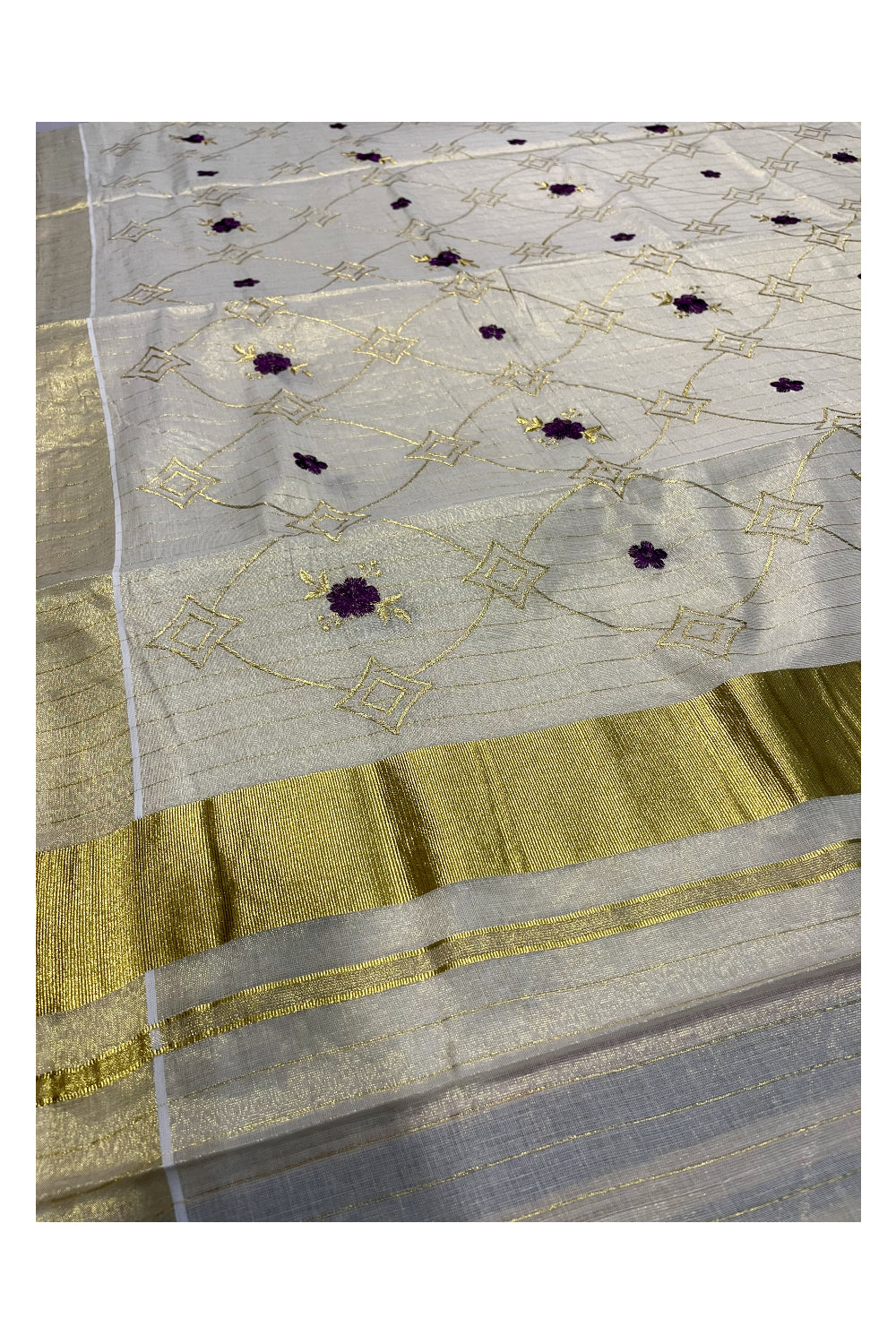 Kerala Tissue Kasavu Stripes Saree with Violet Floral Embroidery Design on Body