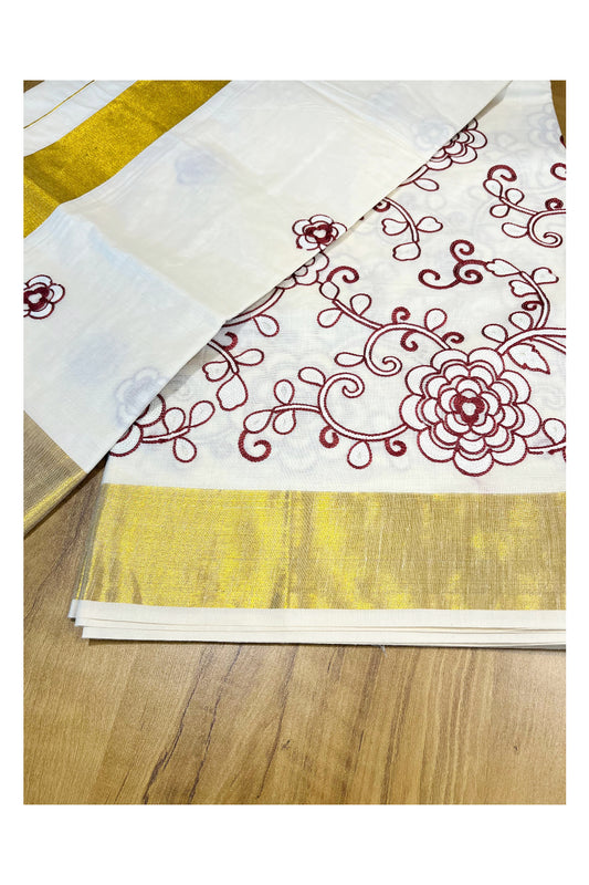 Southloom Kerala Cotton Kasavu Saree with Maroon And White Floral Embroidery Designs