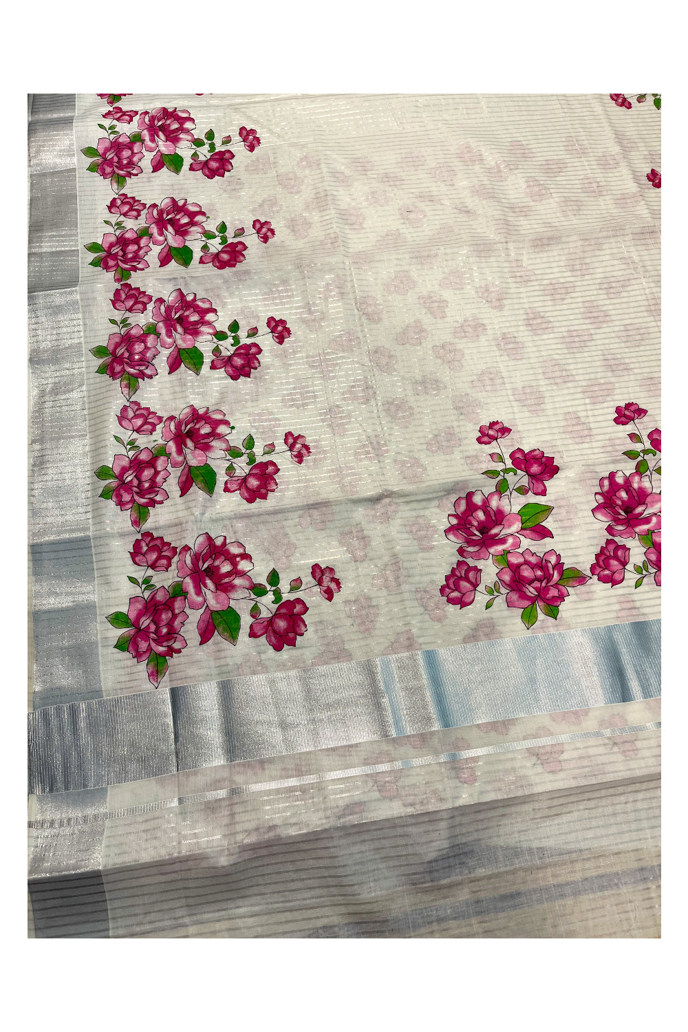 Kerala Pure Cotton Silver Kasavu Lines Saree with Pink Floral Works on Border