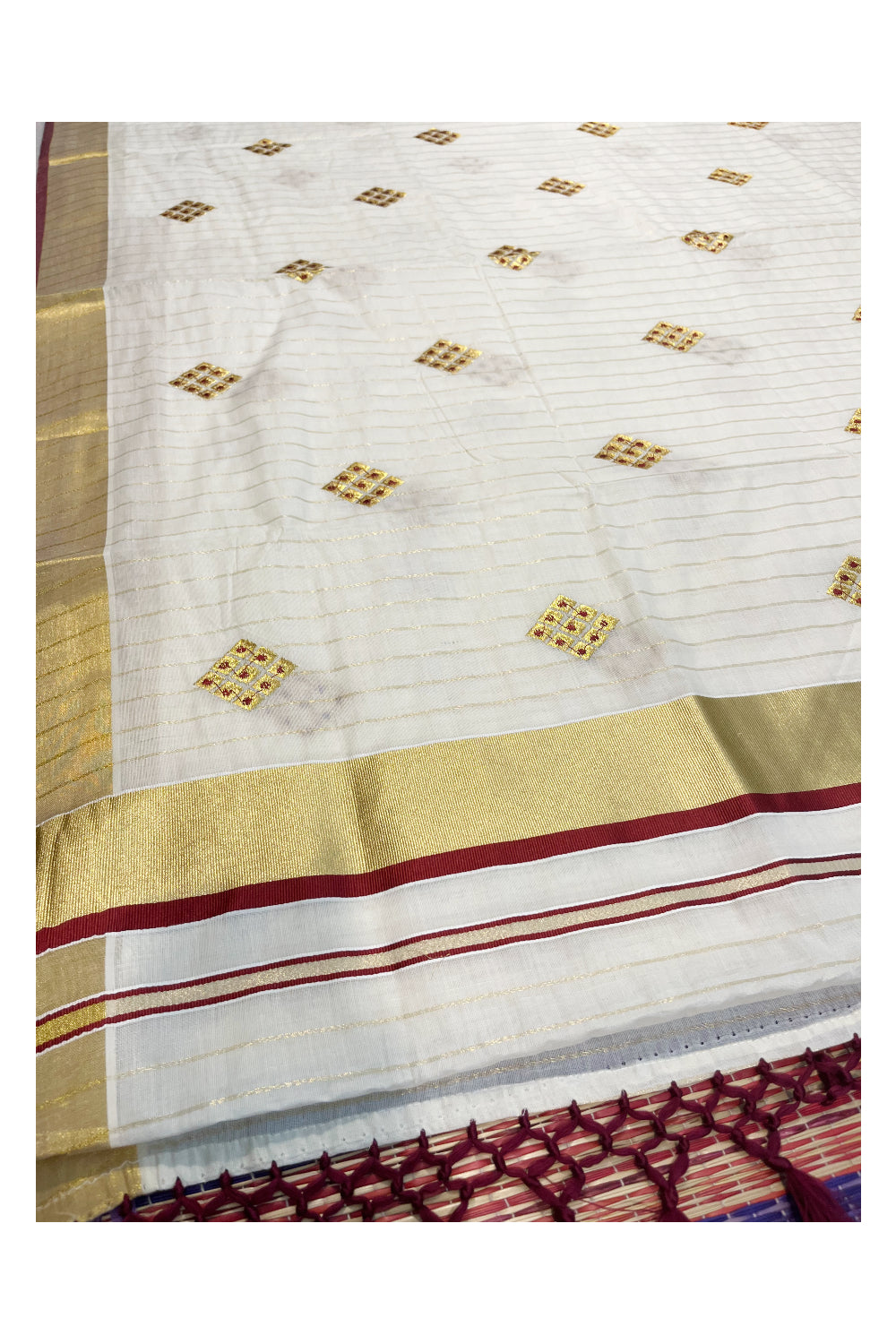 Kerala Cotton Kasavu Stripes Saree with Maroon Floral Embroidery Design on Body