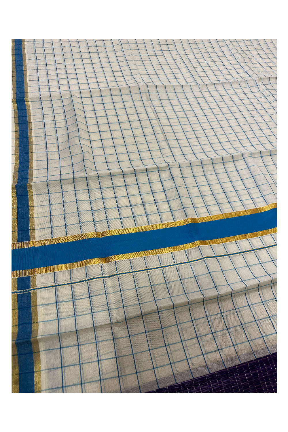 Kerala Woven Check Design Saree with Kasavu and Blue Border (Onam Saree 2023)