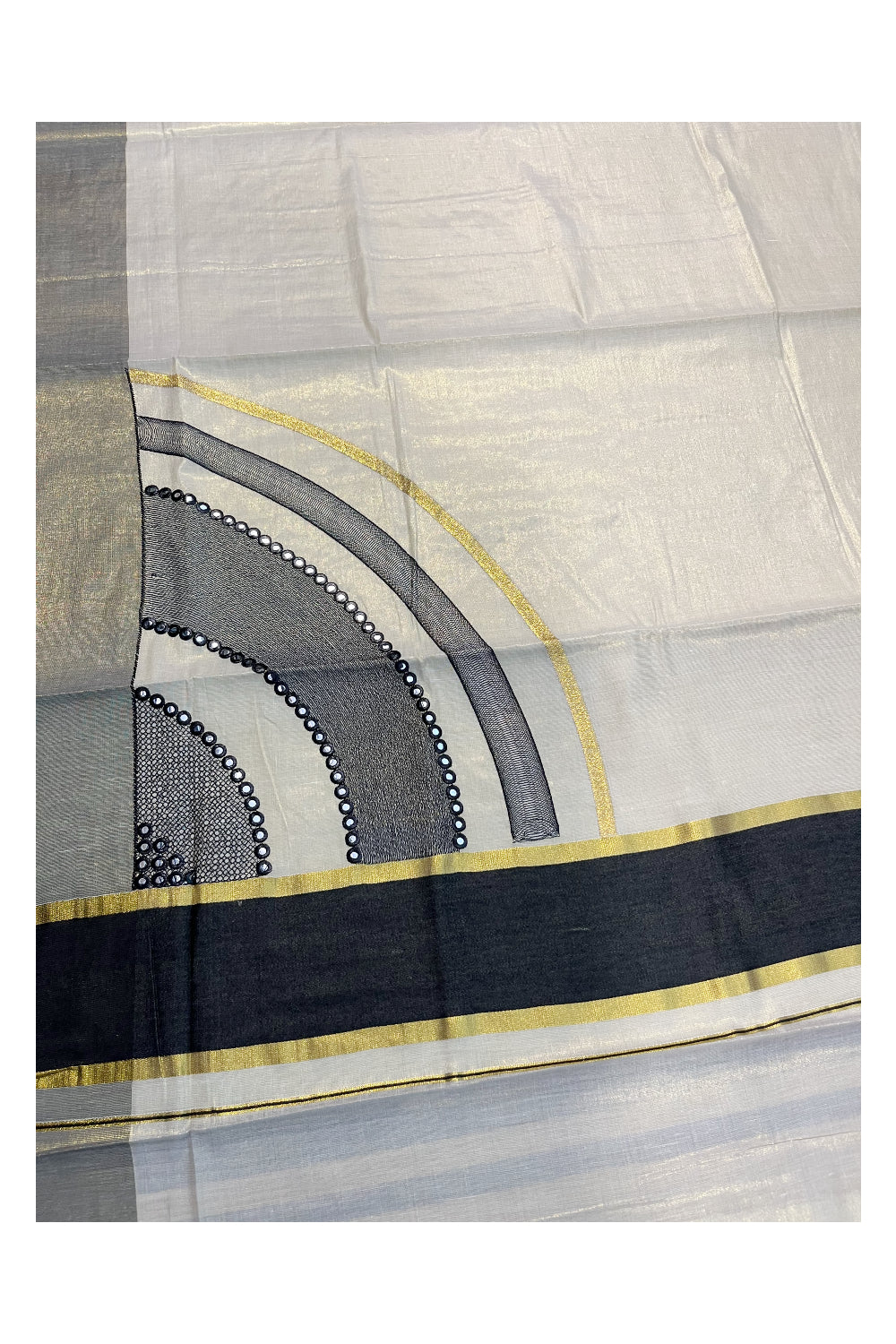 Southloom Kerala Tissue Kasavu Saree with Black Mirror Work