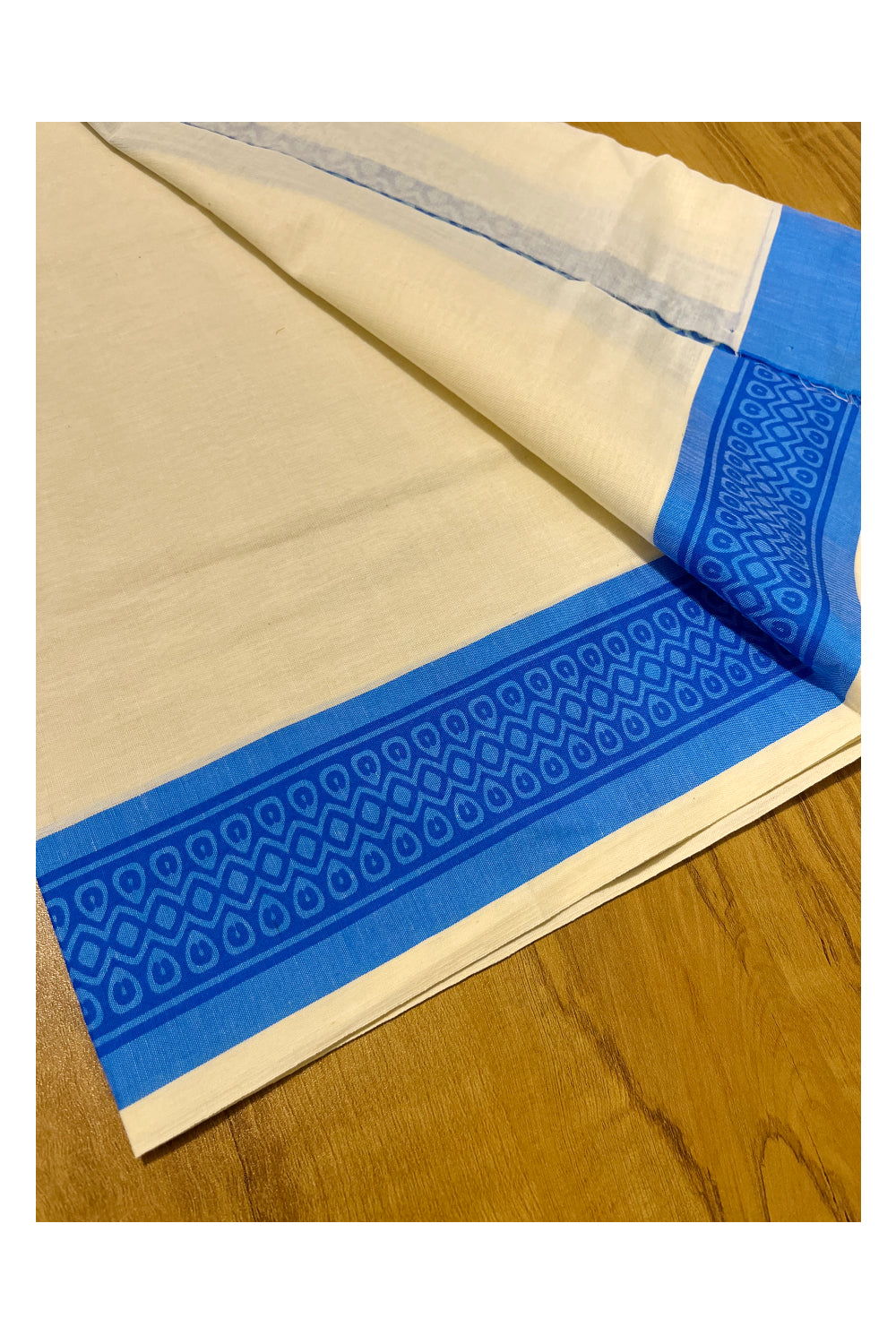 Kerala Cotton Single Set Mundu (Mundum Neriyathum) with Blue Block print Border 2.80Mtrs