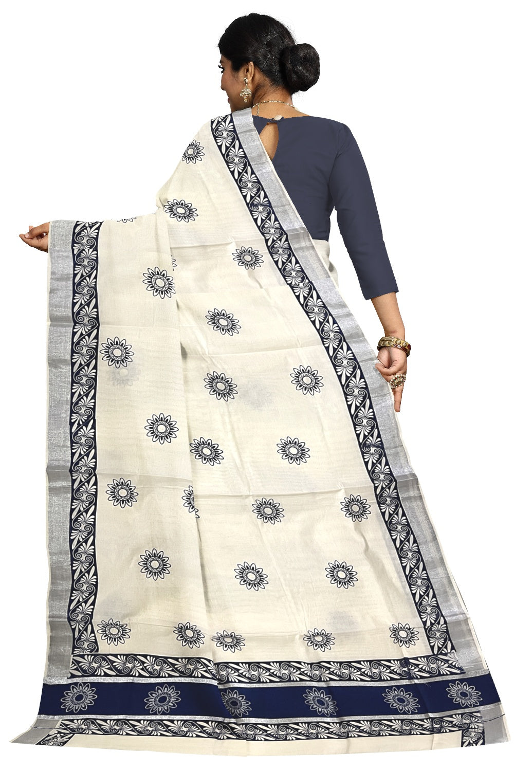 Pure Cotton Kerala Saree with Blue Block Prints and Silver Kasavu Border (Onam Saree 2023)