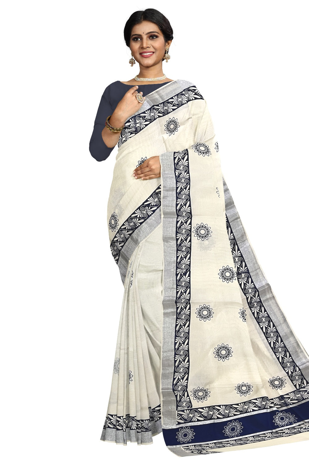 Pure Cotton Kerala Saree with Blue Block Prints and Silver Kasavu Border (Onam Saree 2023)