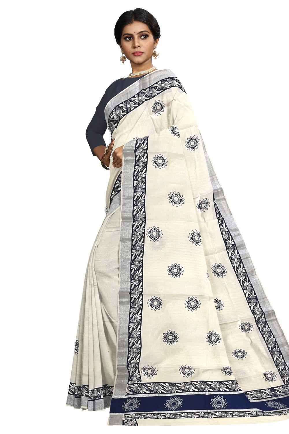 Pure Cotton Kerala Saree with Blue Block Prints and Silver Kasavu Border (Onam Saree 2023)