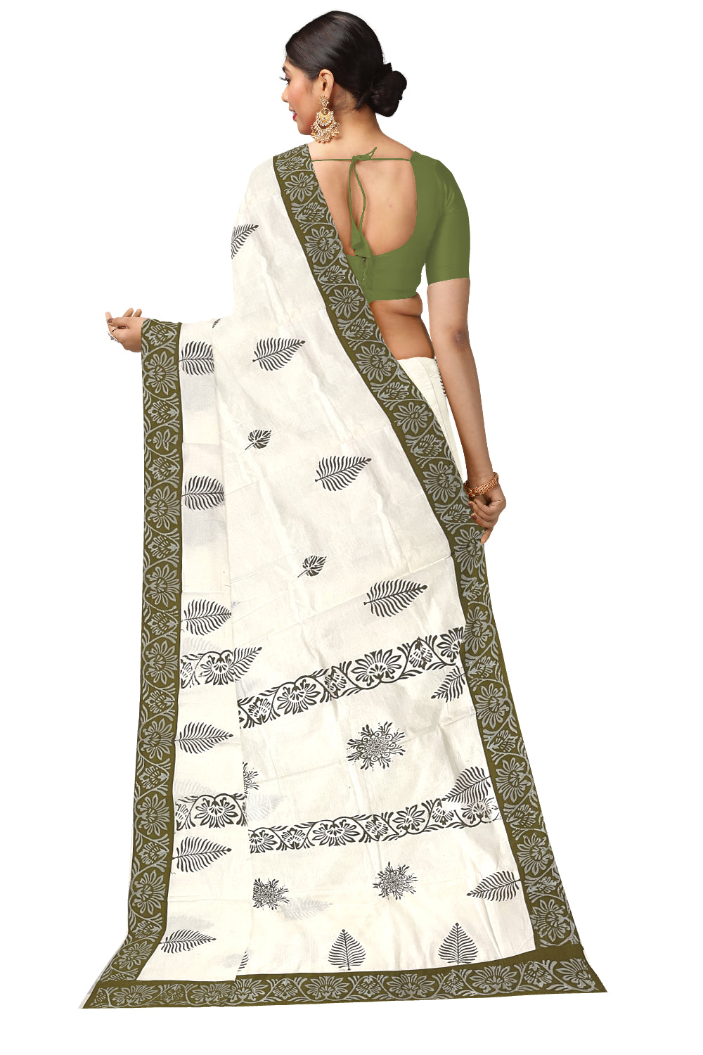 Pure Cotton Onam 2023 Kerala Saree with Hand Block Olive Green Batik Prints