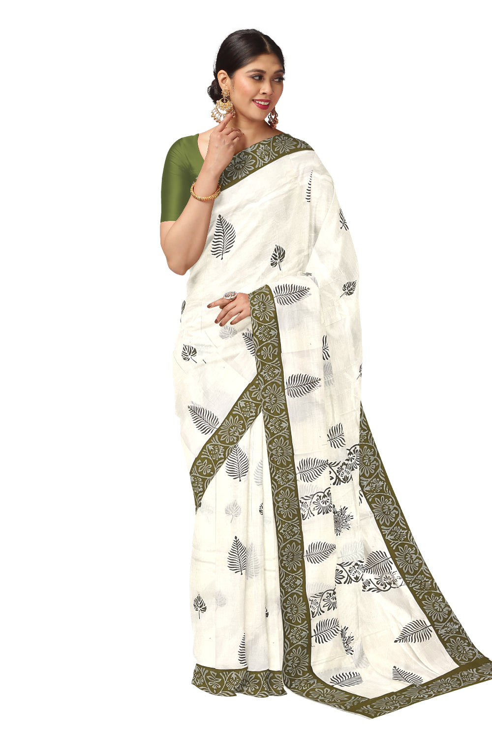 Pure Cotton Onam 2023 Kerala Saree with Hand Block Olive Green Batik Prints