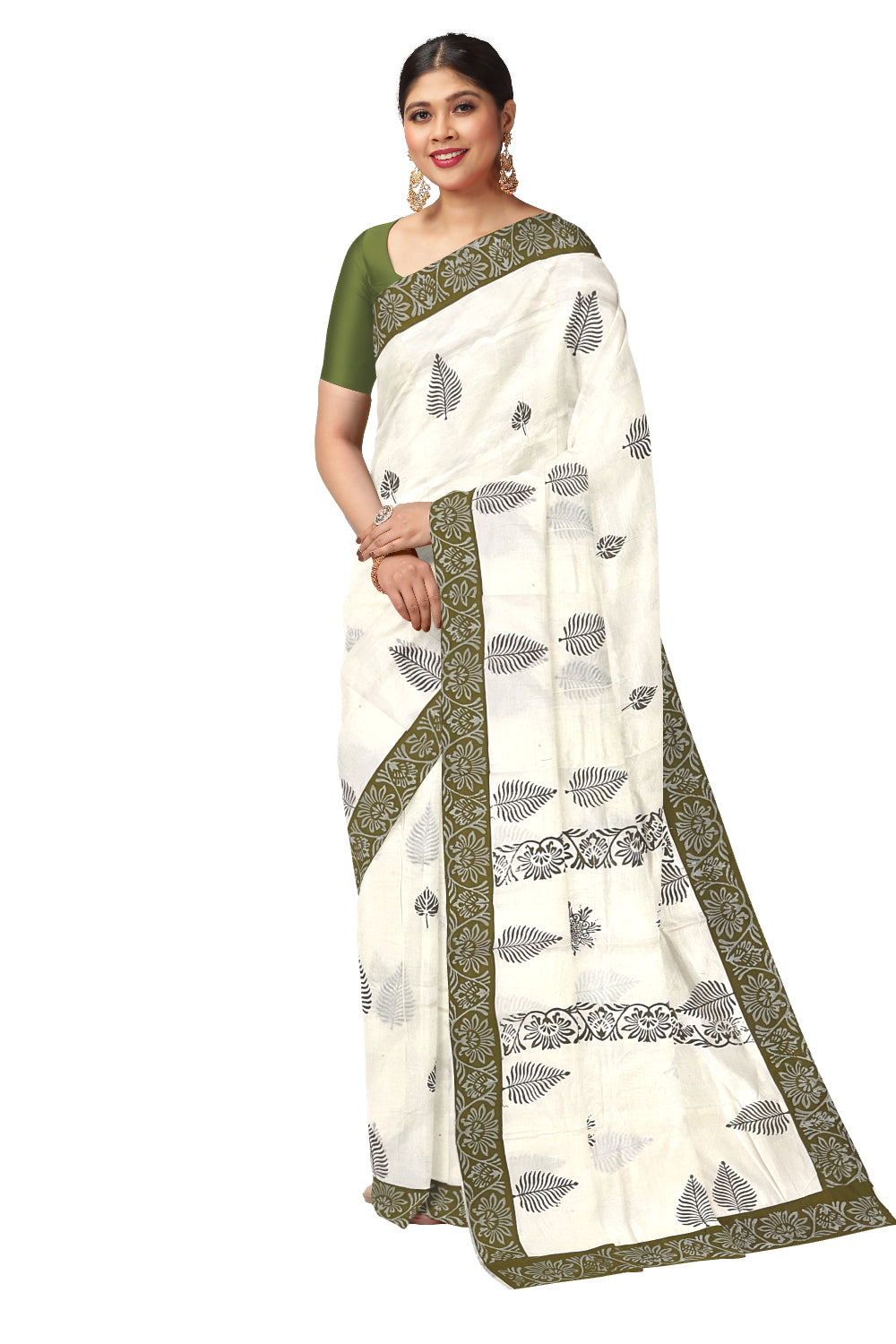 Pure Cotton Onam 2023 Kerala Saree with Hand Block Olive Green Batik Prints