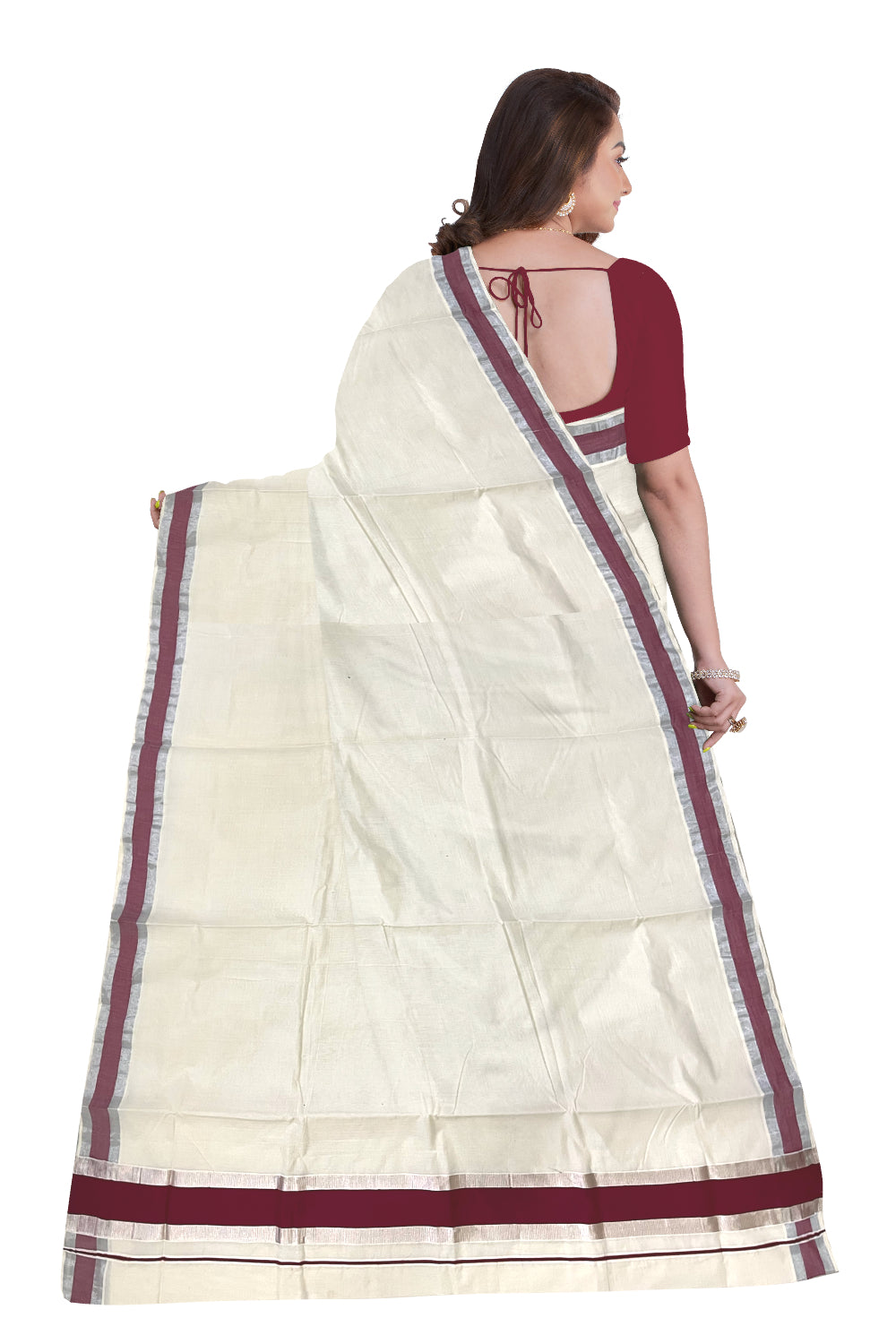 Pure Cotton Kerala Saree with Maroon and Silver Kasavu Border