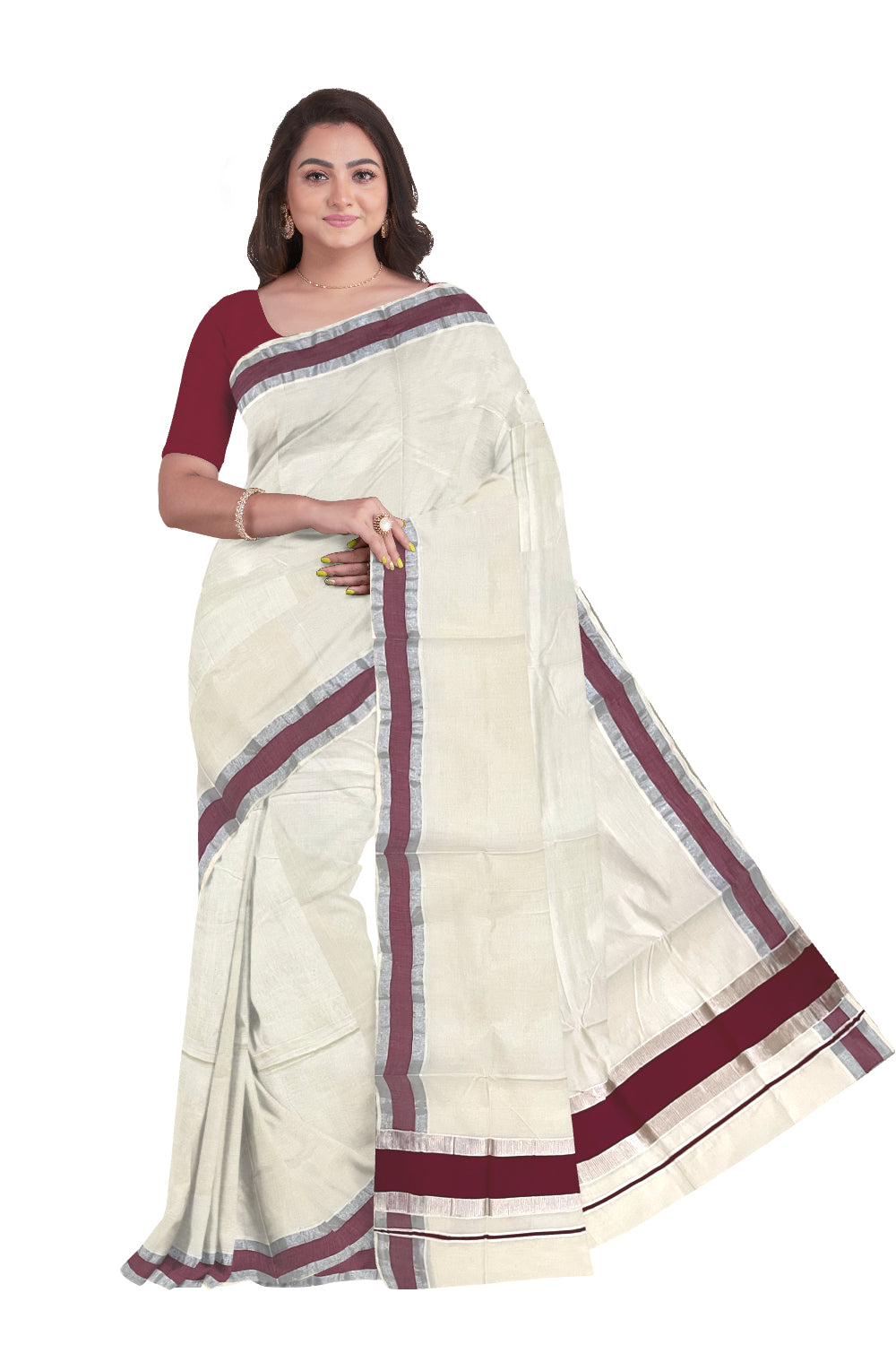 Pure Cotton Kerala Saree with Maroon and Silver Kasavu Border