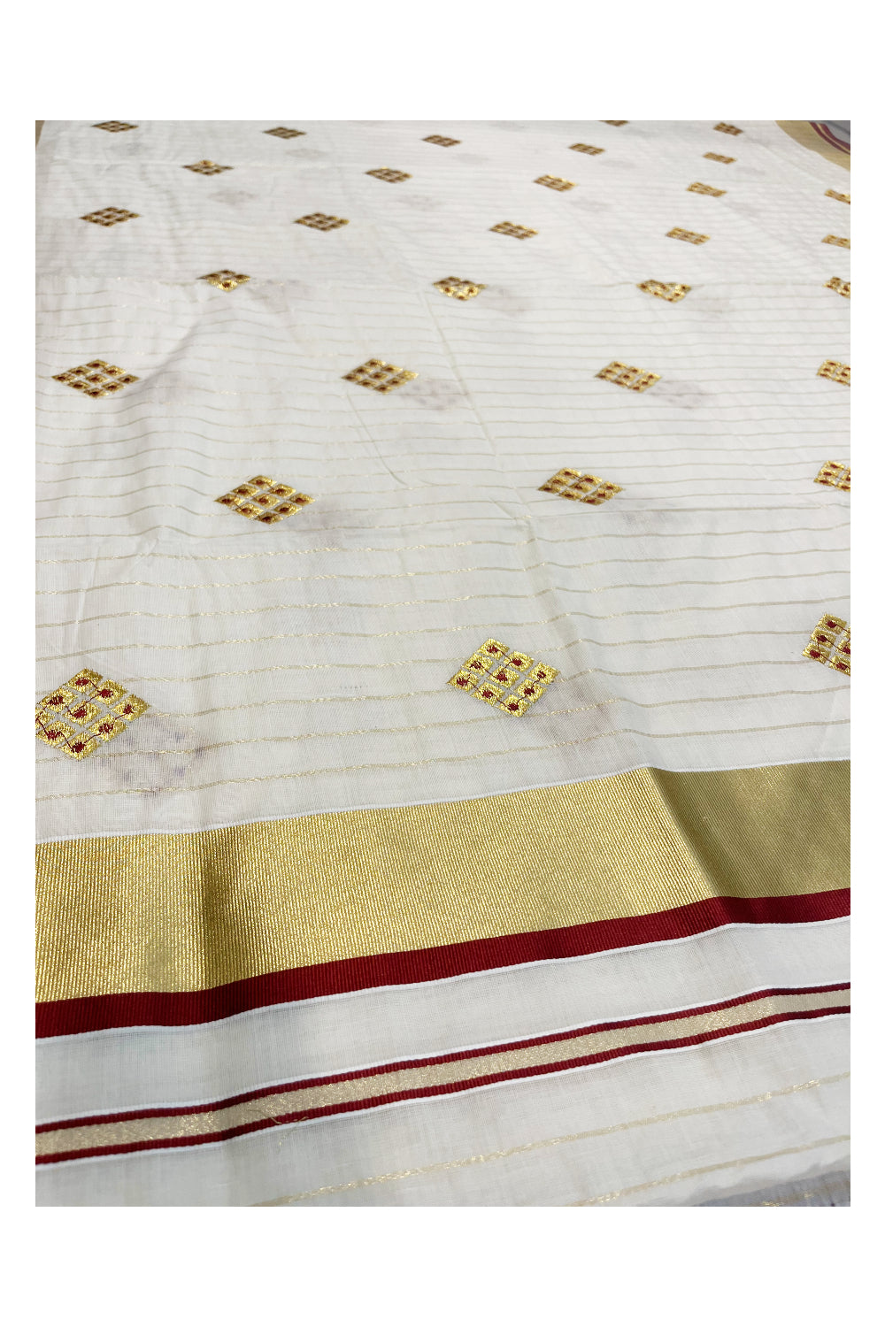 Kerala Cotton Kasavu Stripes Saree with Maroon Floral Embroidery Design on Body