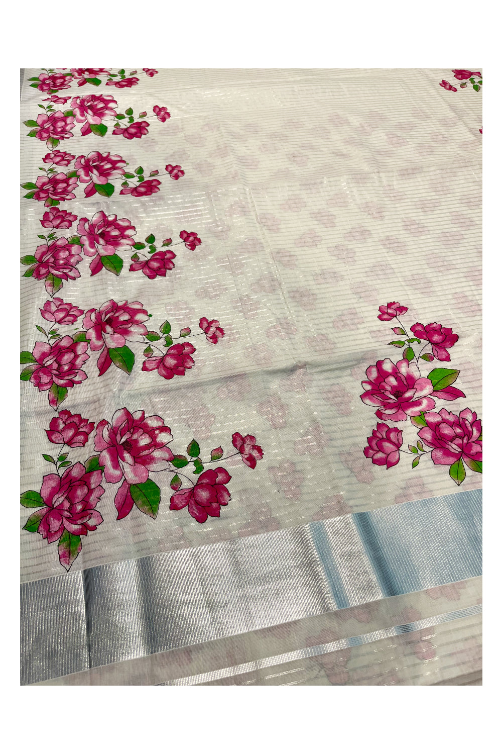 Kerala Pure Cotton Silver Kasavu Lines Saree with Pink Floral Works on Border