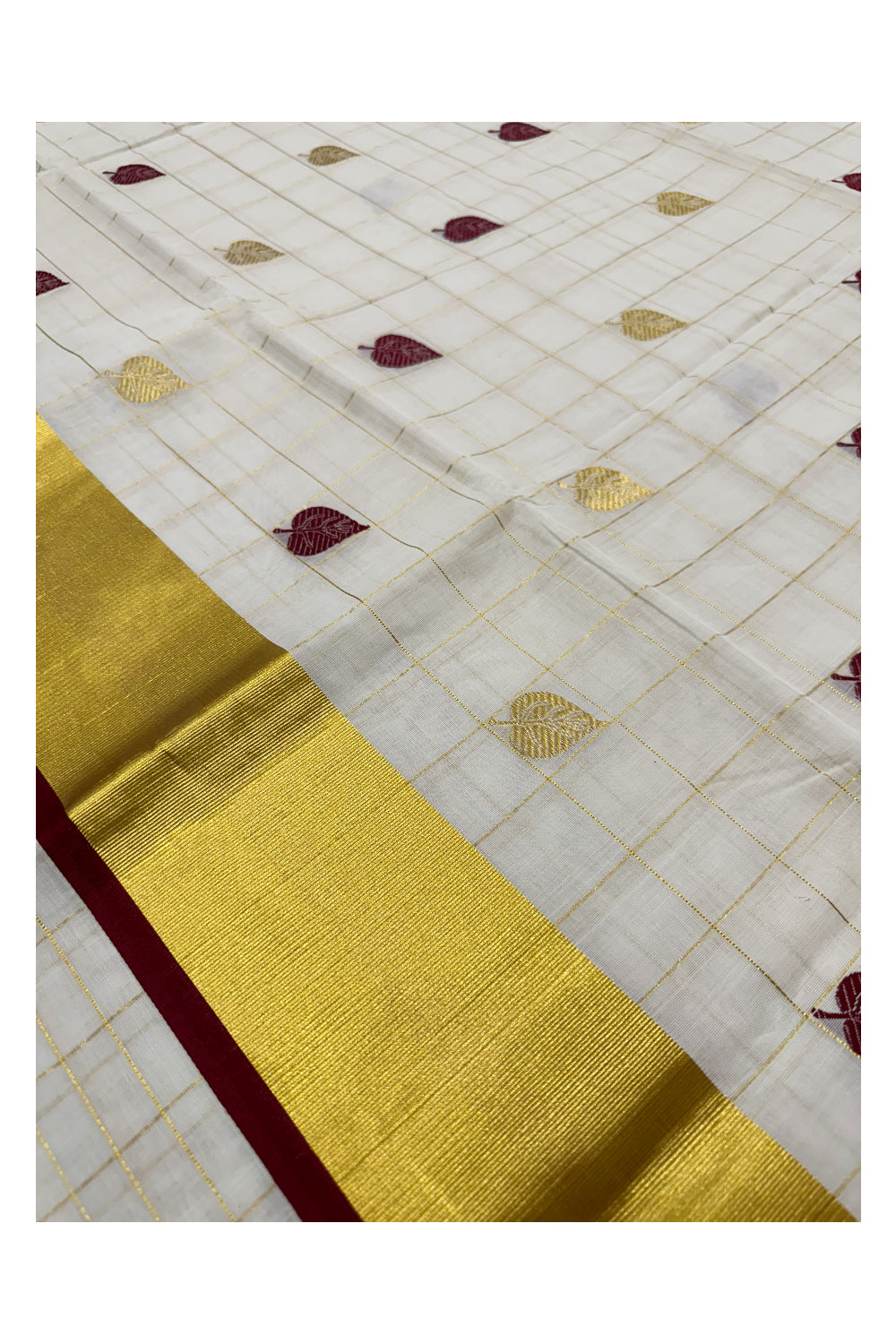 Southloom™ Premium Handloom Kerala Kasavu Check Saree with Golden and Maroon Leaf Woven Designs