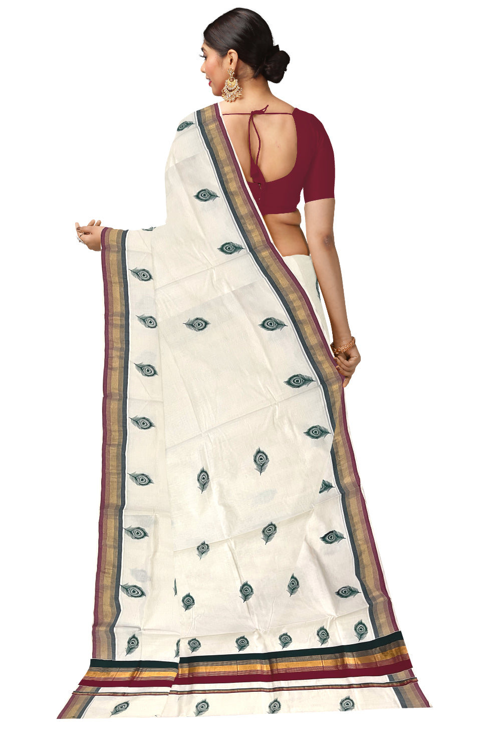 Pure Cotton Kerala Kasavu Saree with Feather Block Printed Maroon Green Border