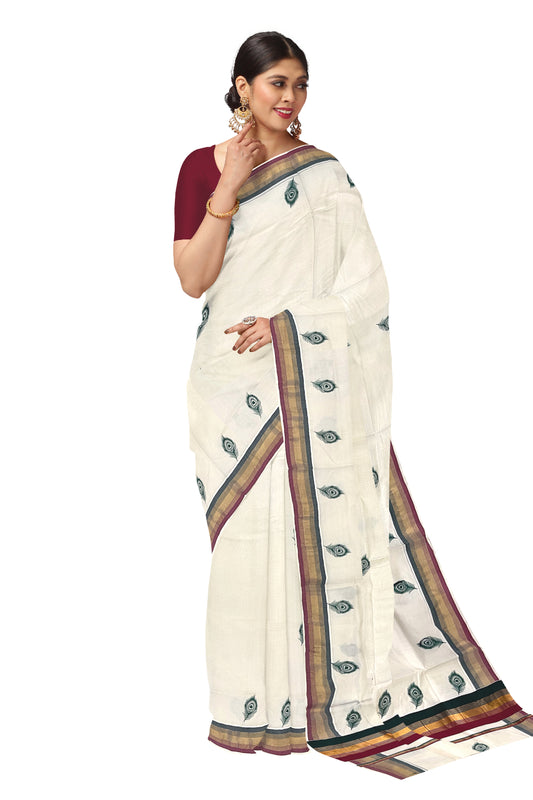 Pure Cotton Kerala Kasavu Saree with Feather Block Printed Maroon Green Border