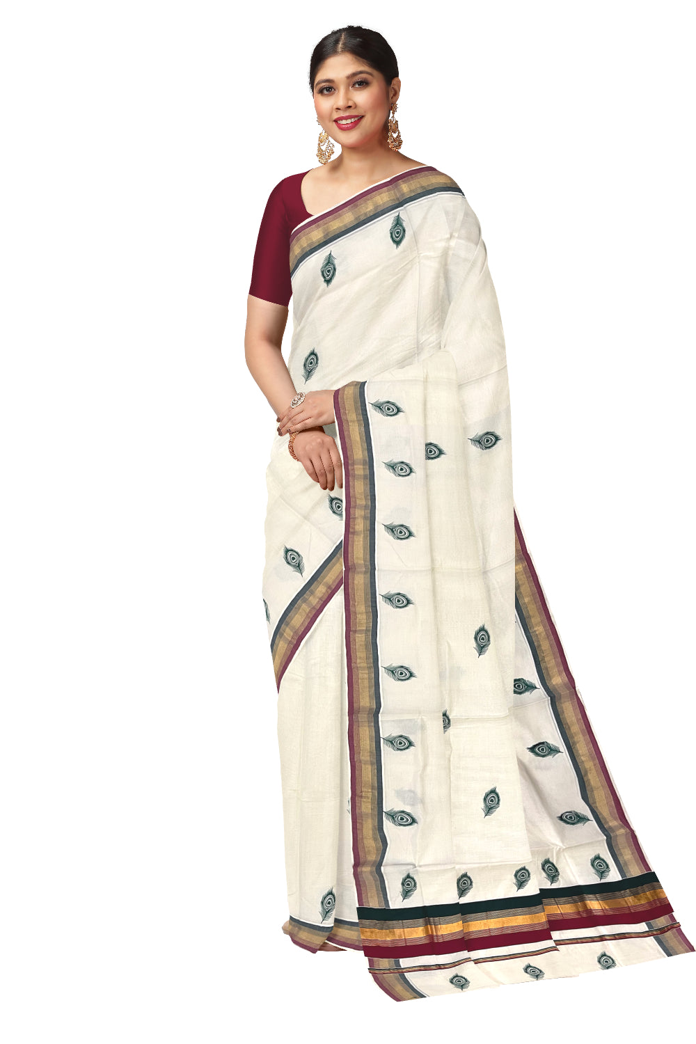 Pure Cotton Kerala Kasavu Saree with Feather Block Printed Maroon Green Border