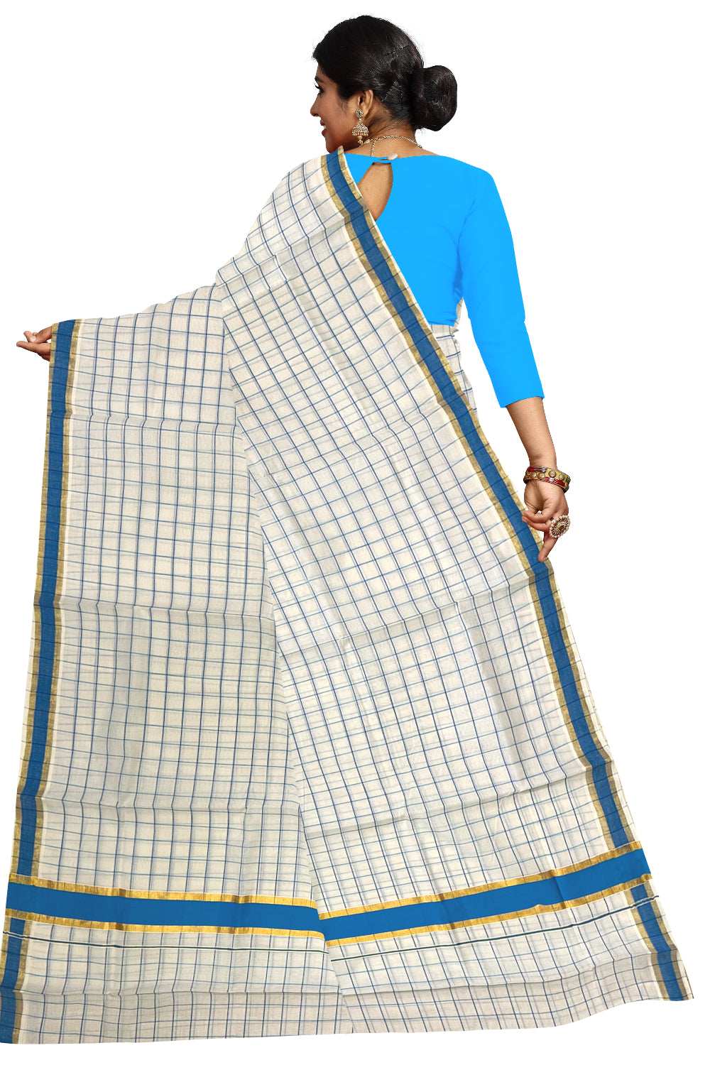 Kerala Woven Check Design Saree with Kasavu and Blue Border (Onam Saree 2023)