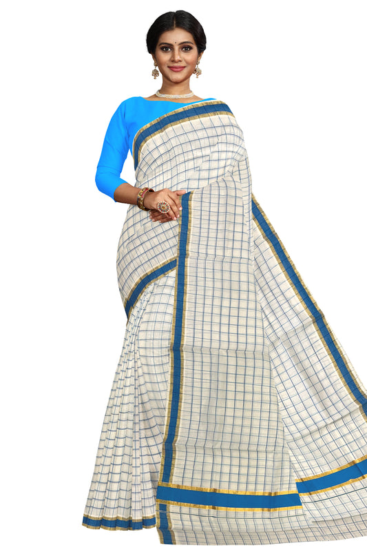 Kerala Woven Check Design Saree with Kasavu and Blue Border (Onam Saree 2023)