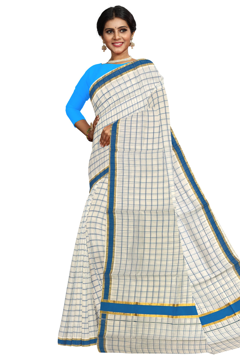 Kerala Woven Check Design Saree with Kasavu and Blue Border (Onam Saree 2023)