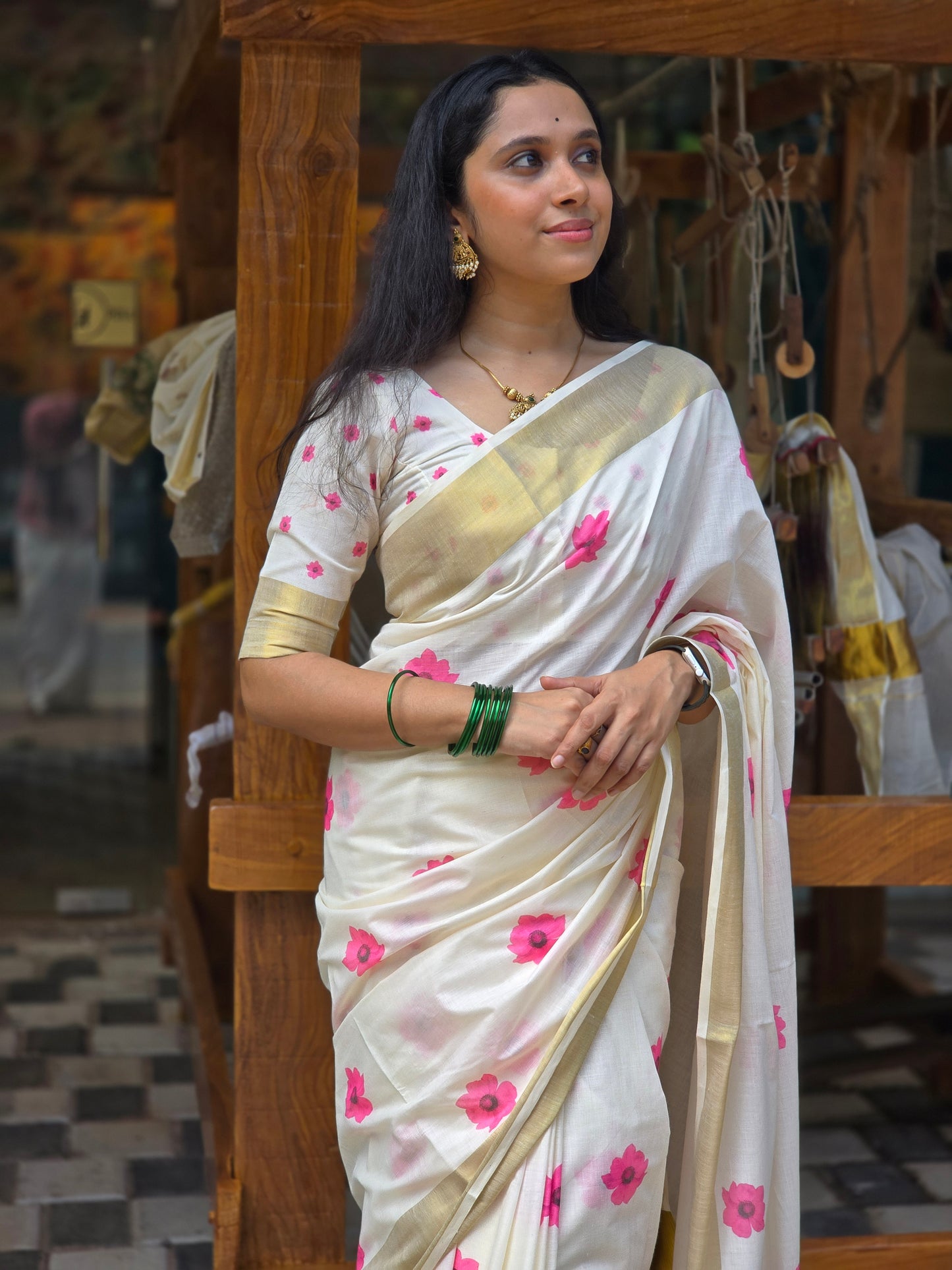 Southloom Exclusive Onam Kasavu Saree with Small Pink Floral High Quality Digital Print Across Body (Matching Printed Blouse Included)