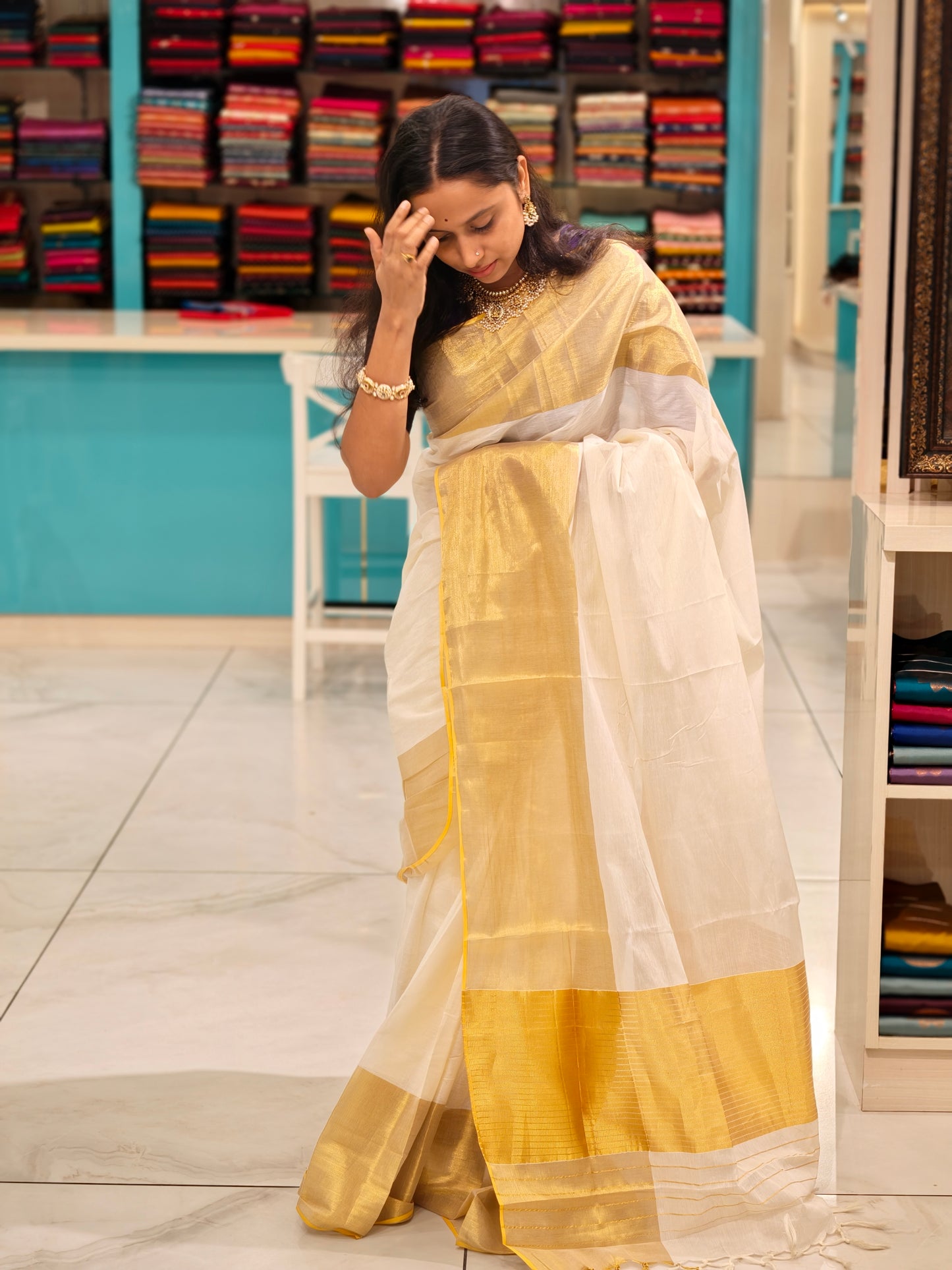 Handloom Replica Plain Saree with Orange Borders SL0021