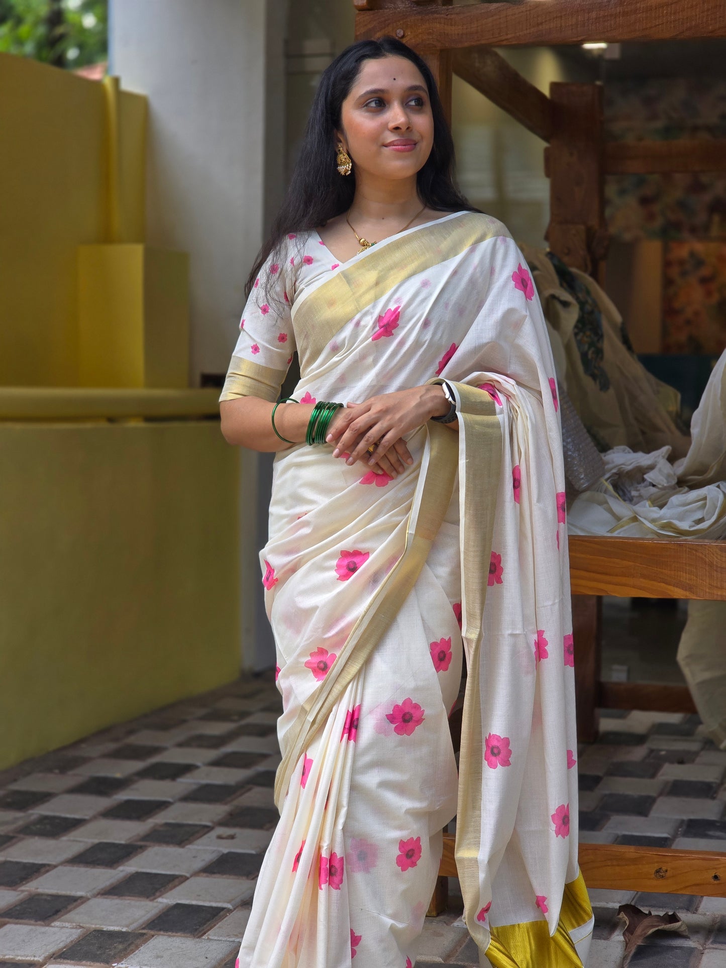 Southloom Exclusive Onam Kasavu Saree with Small Pink Floral High Quality Digital Print Across Body (Matching Printed Blouse Included)