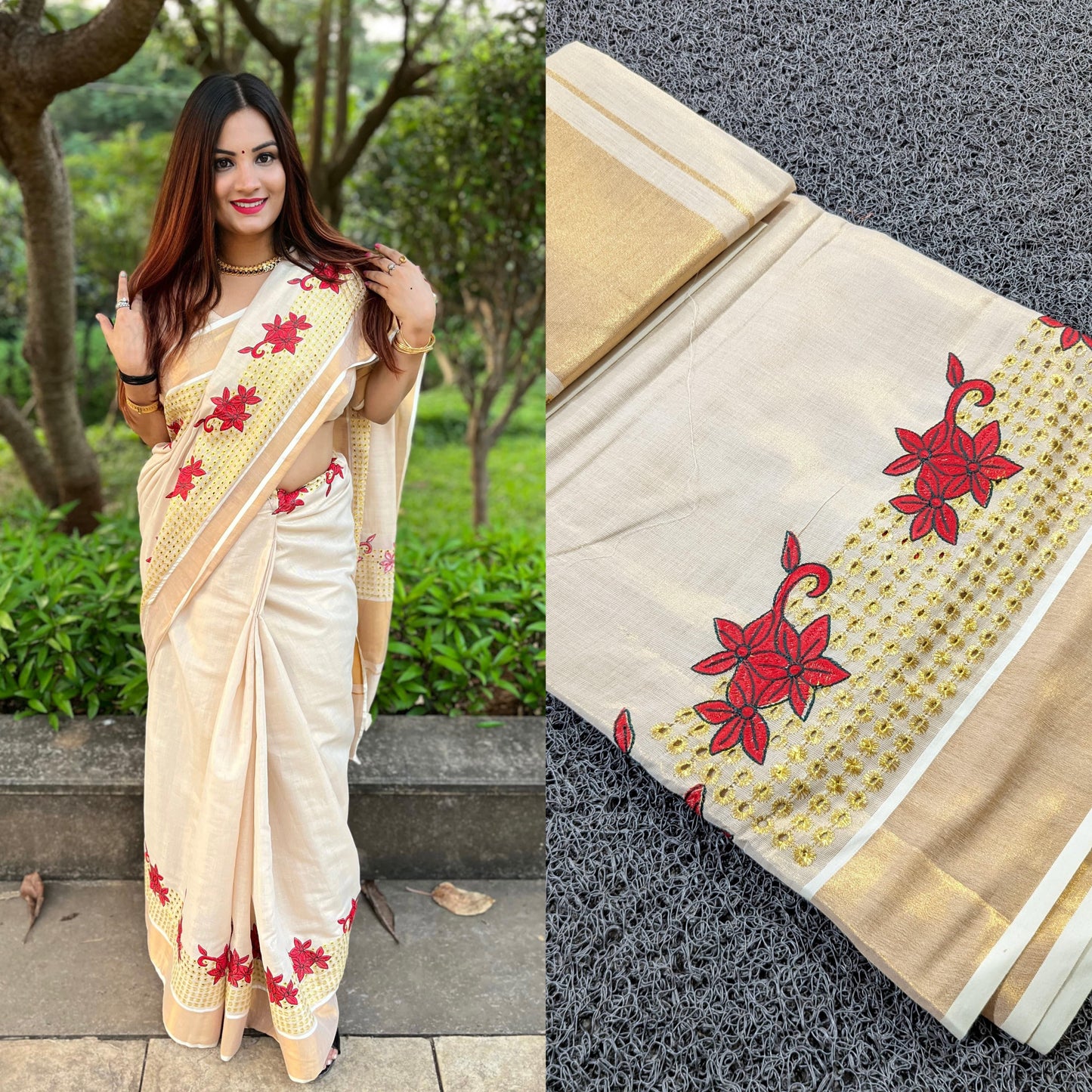 Kerala Tissue Kasavu Saree with Red Embroidery and Cutwork Design