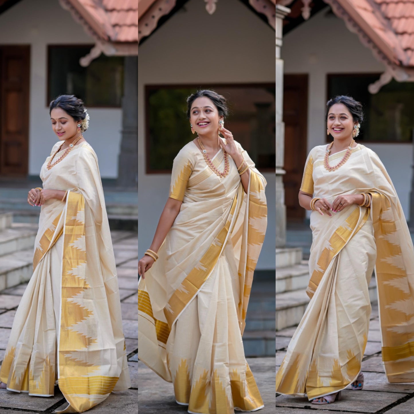 Kerala Tissue Kasavu Saree With Temple Woven Works on Border