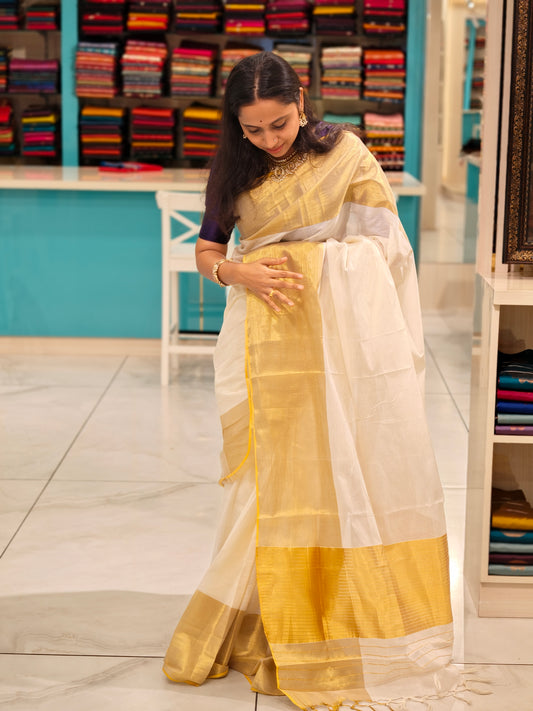 Handloom Replica Plain Saree with Orange Borders SL0021