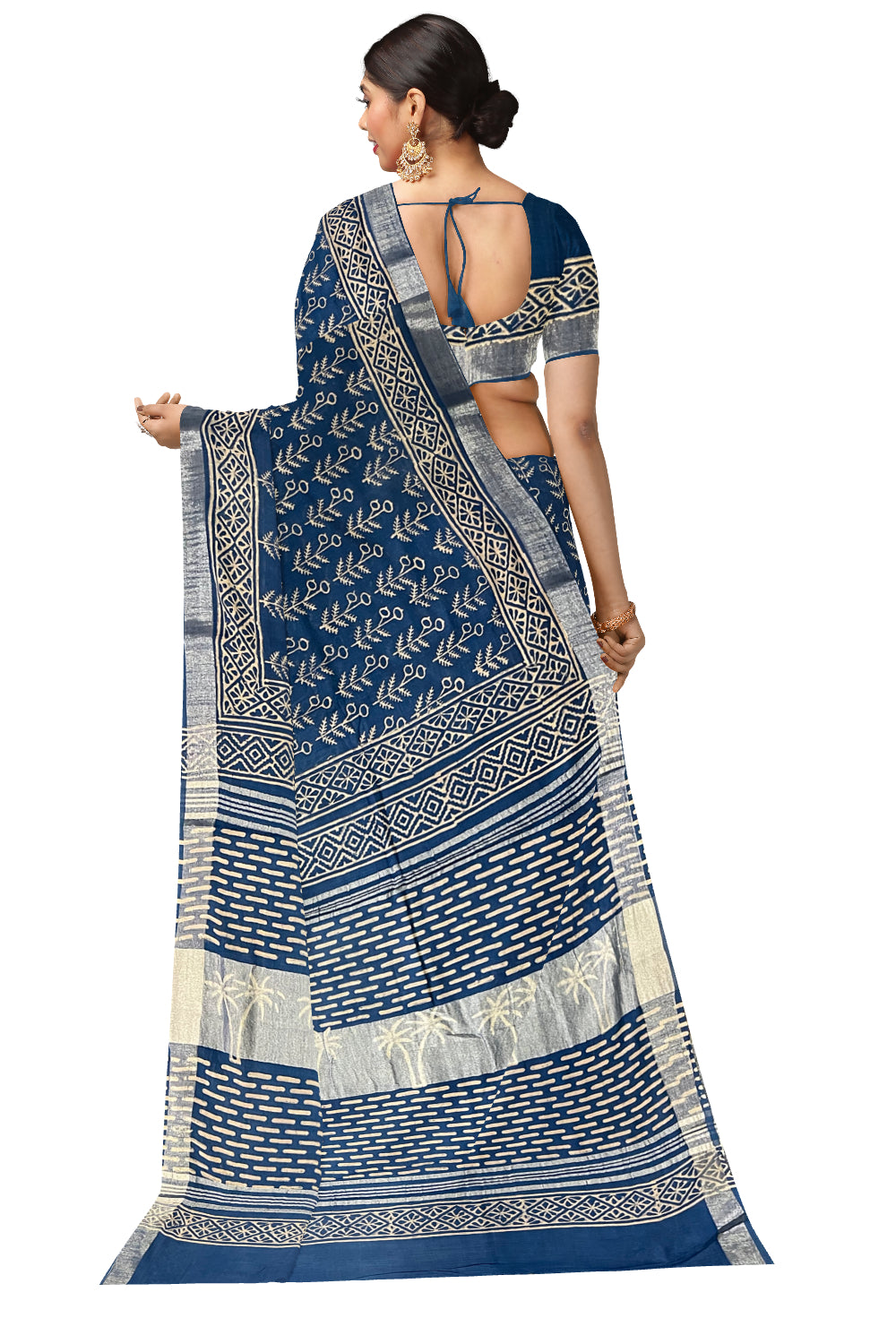 Southloom Linen Blue Saree with Designer Prints on Body