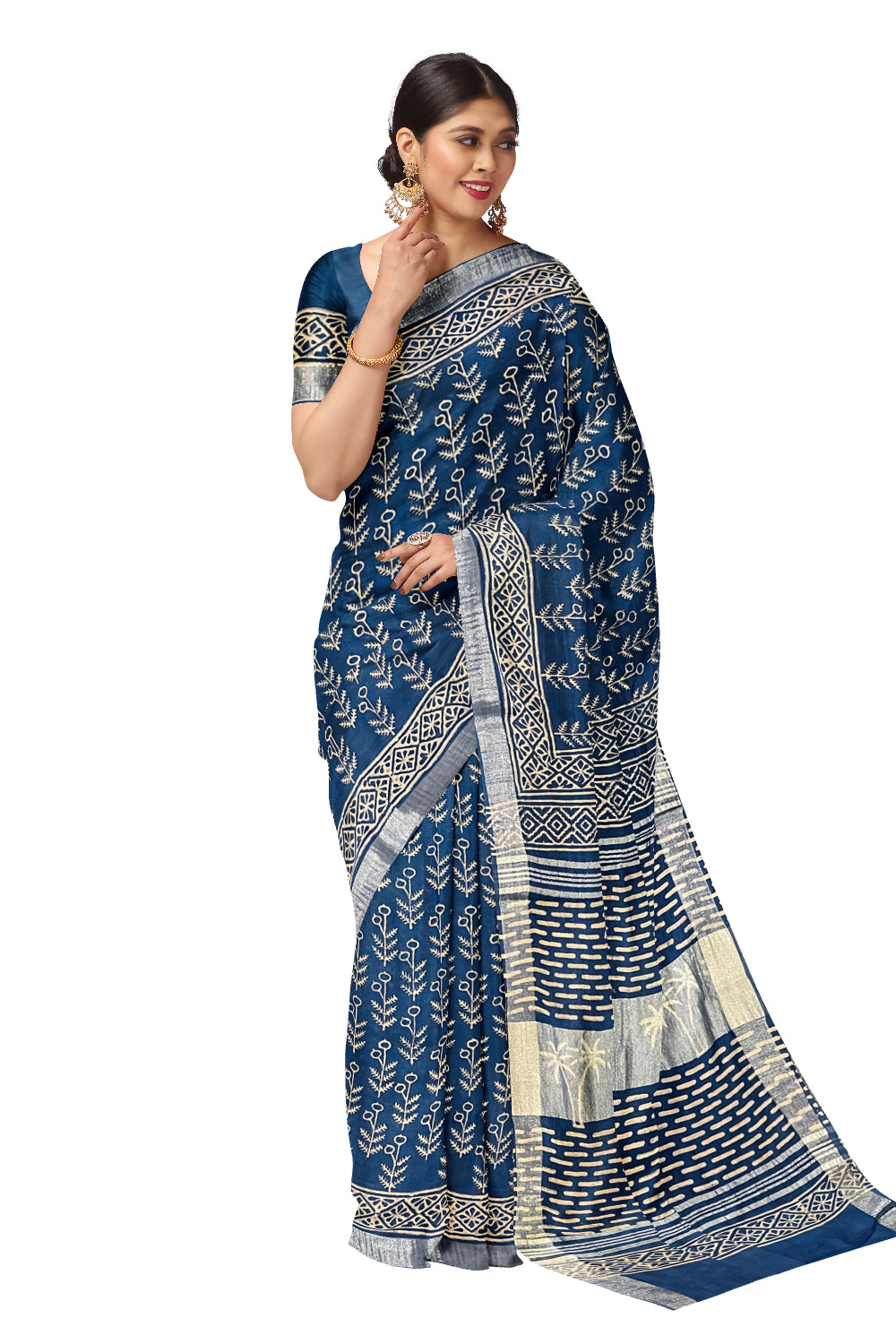 Southloom Linen Blue Saree with Designer Prints on Body