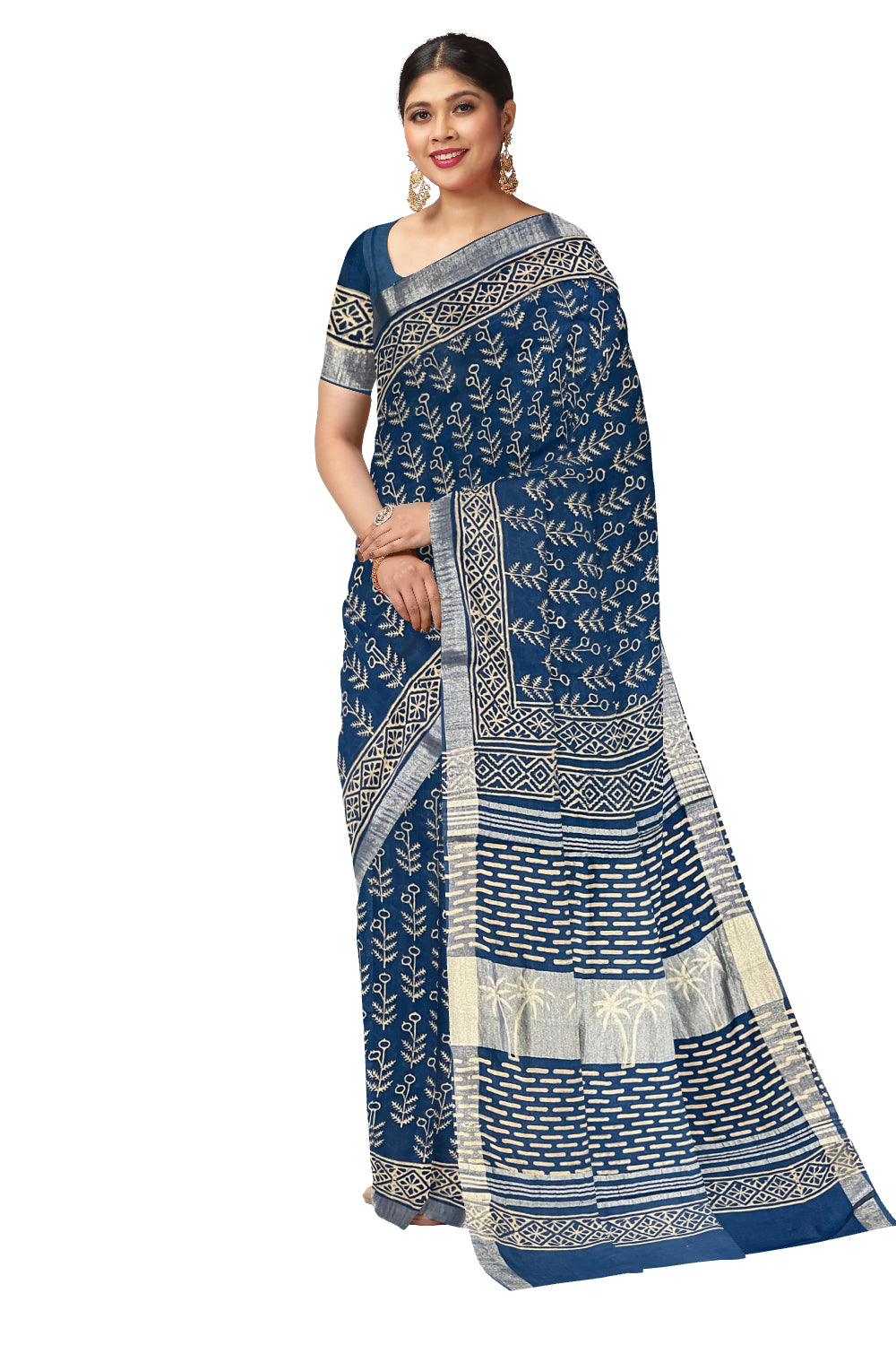 Southloom Linen Blue Saree with Designer Prints on Body