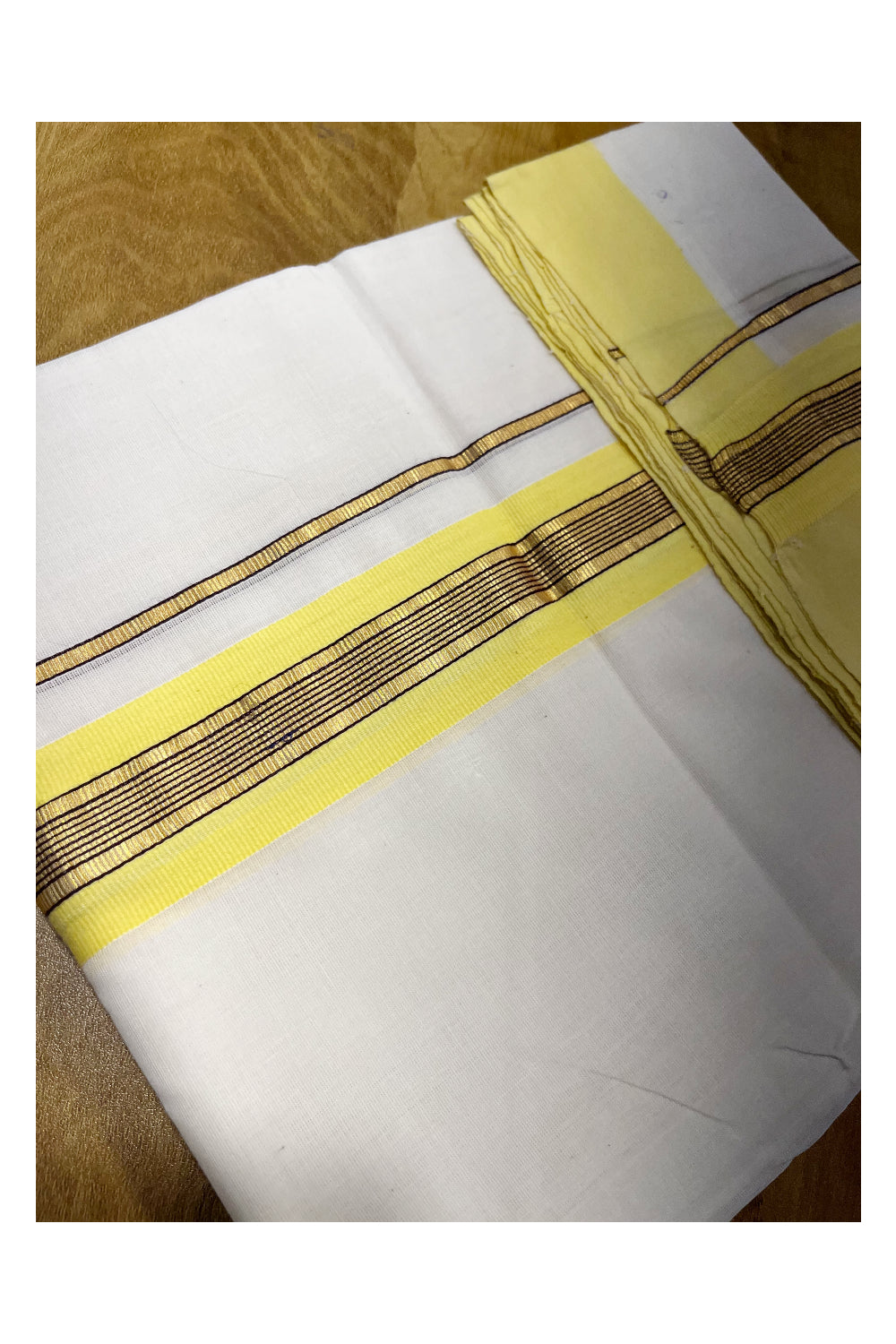 Premium Balaramapuram Handloom Unakkupaavu 1 inch Double Mundu with Kasavu and Yellow Kara