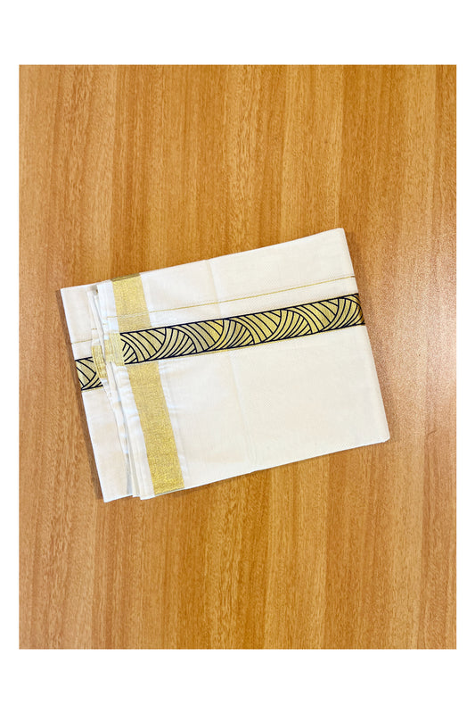 Pure Cotton Off White Double Mundu with Blue Block Prints on Kasavu Kara (South Indian Dhoti)