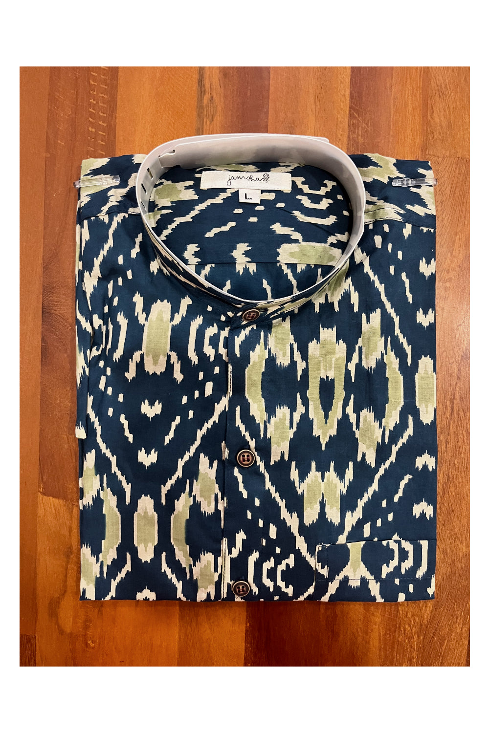 Southloom Jaipur Cotton Blue Green Hand Block Printed Mandarin Collar Shirt (Full Sleeves)