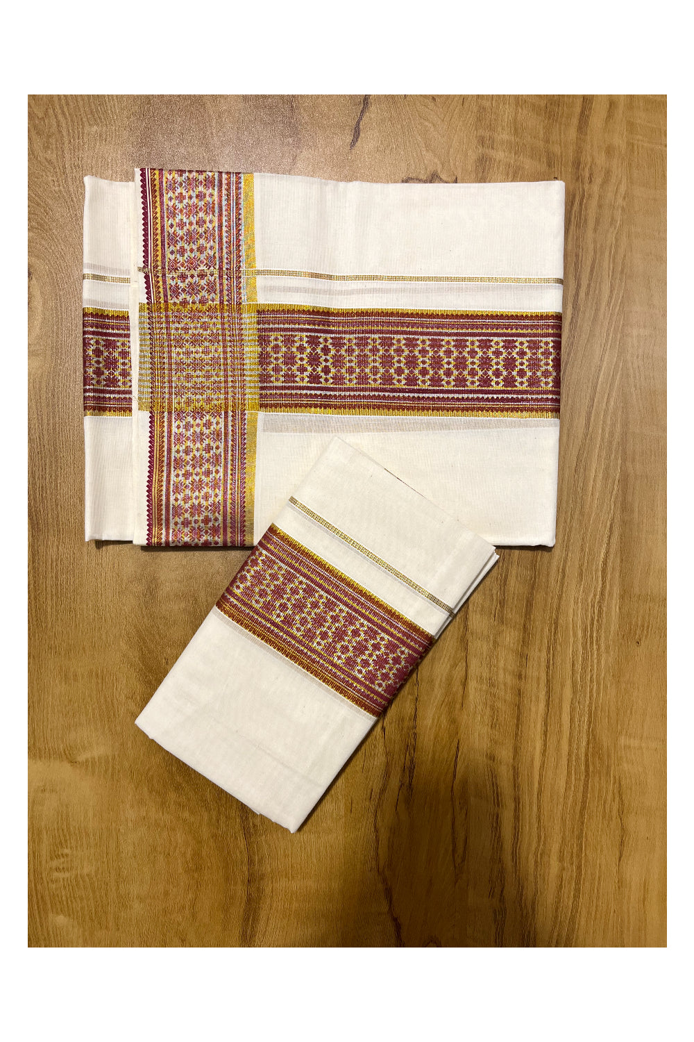 Kerala Pure Cotton Set Mundu Single (Mundum Neriyathum) with Maroon Block Prints on Kasavu and Silver Border 2.80Mtrs(Onam 2024 Collection)