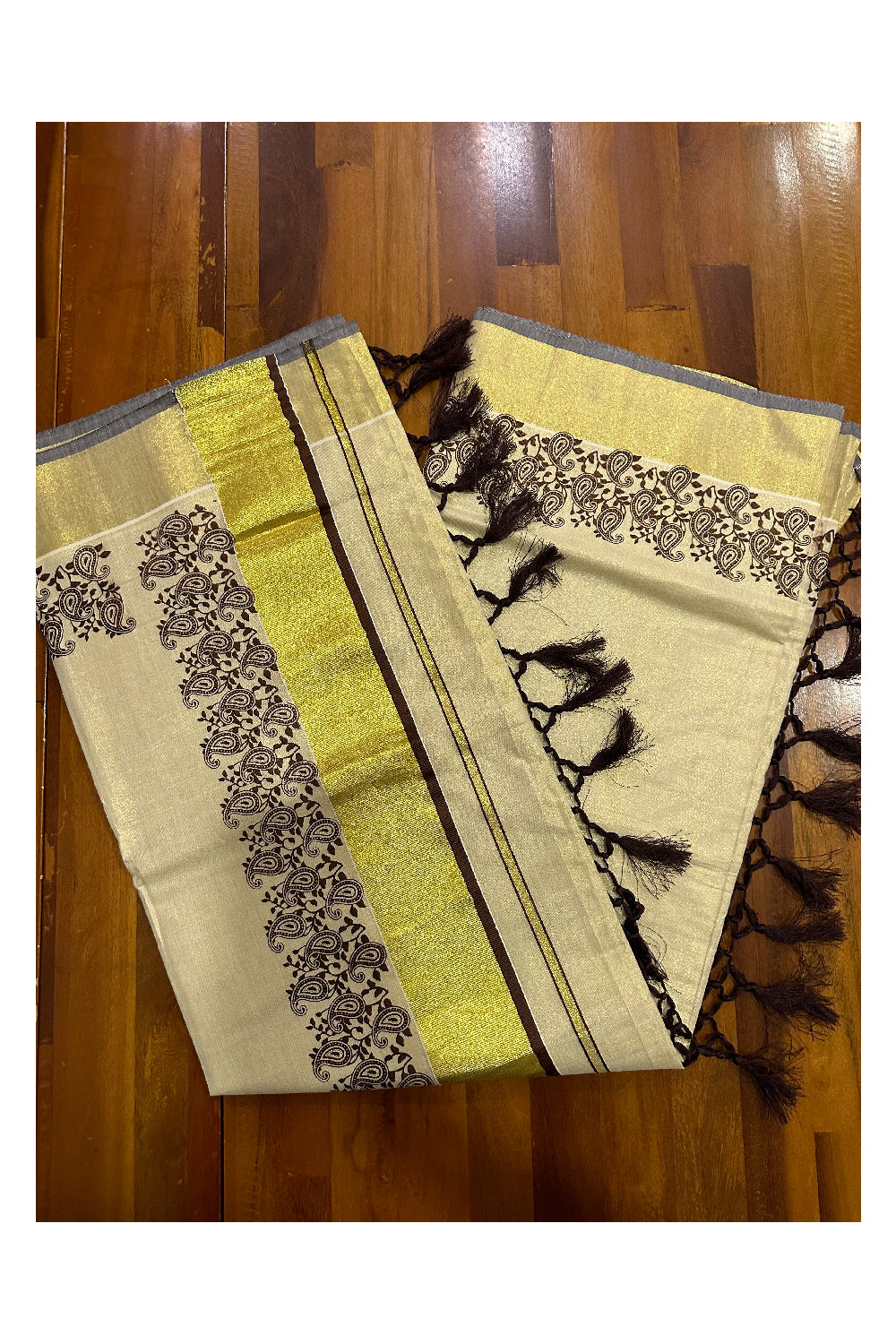 Kerala Tissue Kasavu Saree with Brown Paisley Block Prints and Tassels Works on Pallu (Onam Saree 2023)