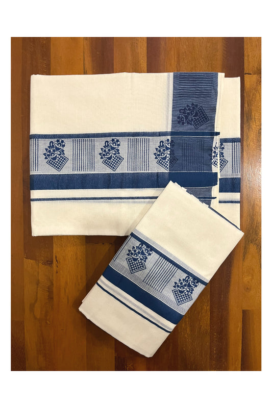 Southloom Pure Cotton Kerala Single Set Mundu with Blue Block Prints on Border (Onam Set Mundu 2023)