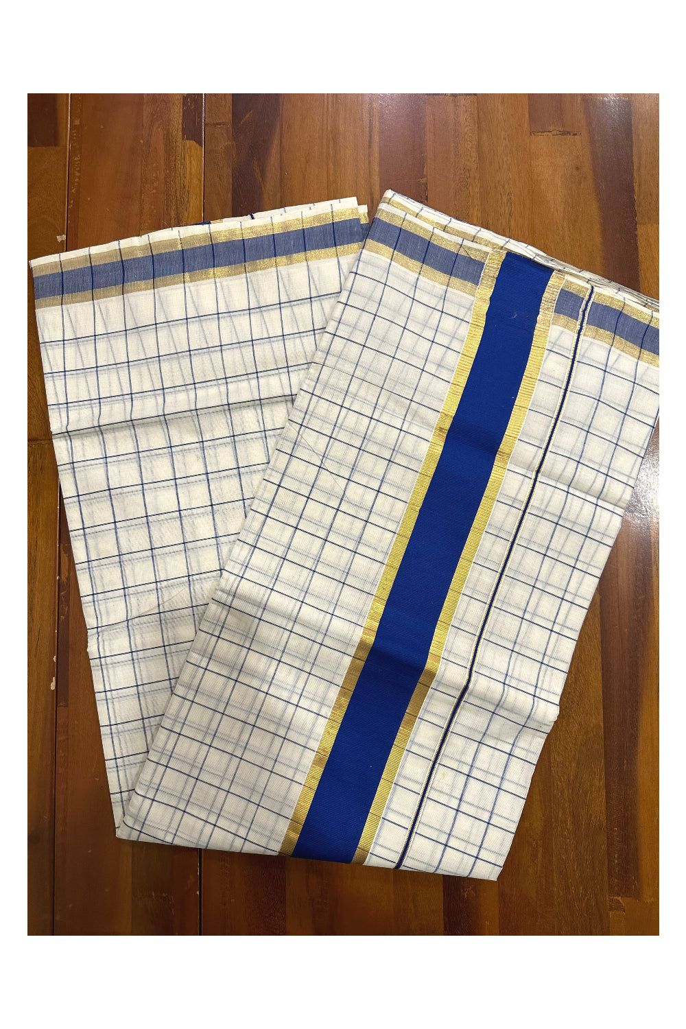 Kerala Woven Check Design Saree with Kasavu and Blue Border