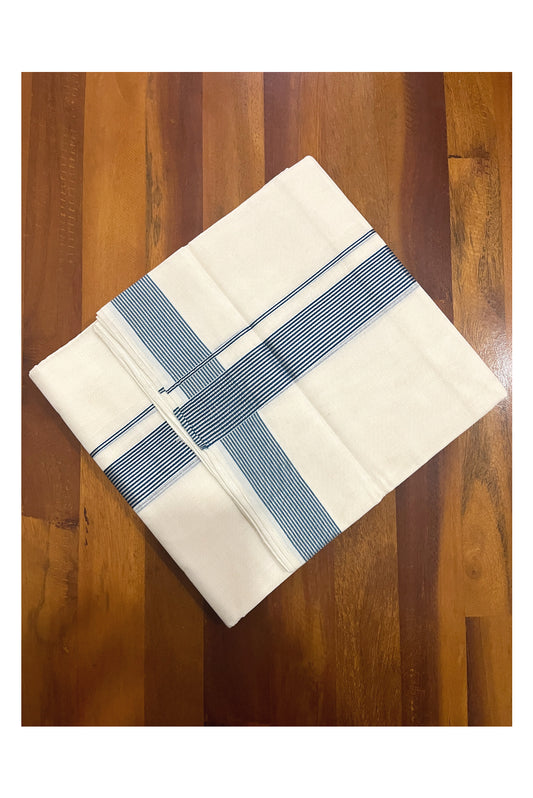 Southloom Premium Handloom Cotton Double Mundu with Silver Kasavu and Blue Lines Border (South Indian Kerala Dhoti)