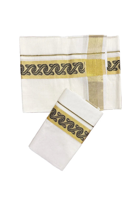 Southloom Kerala Pure Cotton Set Mundu Single (Mundum Neriyathum) with Black Block Prints on Kasavu Border-2.80Mtrs