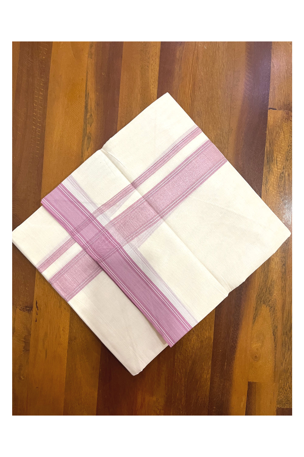 Pure Cotton 100x100 Double Mundu with Pink and Silver Kasavu Line Border (Onam Mundu 2023)